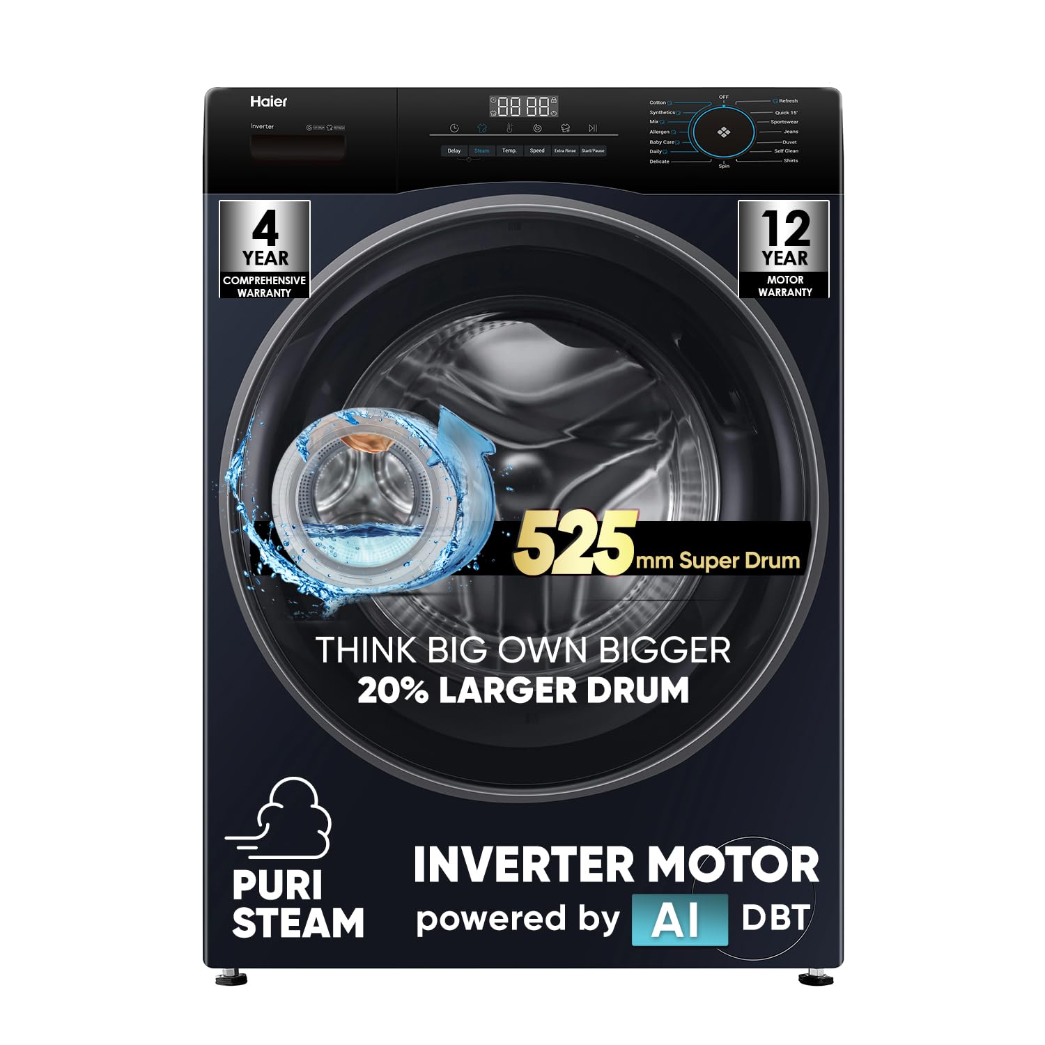 Haier 7 Kg 5 Star Powered By AiDbt With Puristeam, 525Mm Super Drum Fully Automatic Front Load Washing Machine (Hw70Im12929Bk,