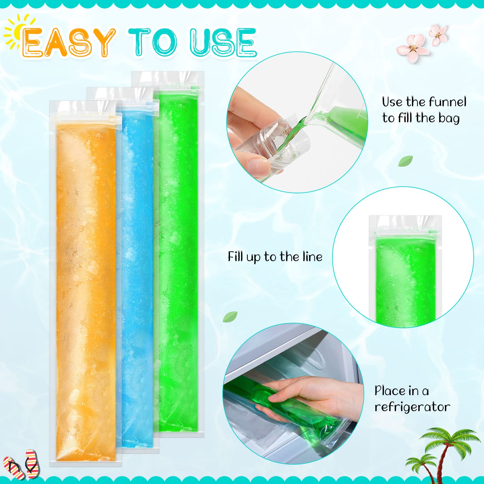 Funtery 1000 Pcs 11'' X 2'' Disposable Ice Lolly Mold Bags Freezer Tubes With Zip Seals Ice Candy Bags Ice Candy Pouches And 5 P