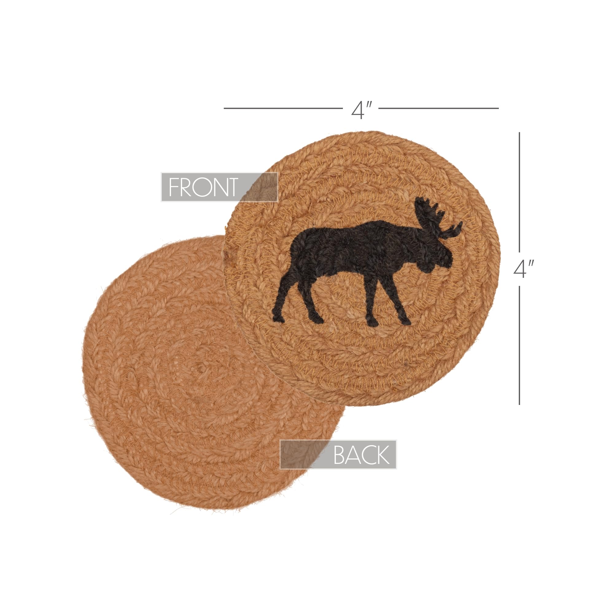 Vhc Brands Cumberland Moose Print Textured Jute Rustic Tabletop Kitchen Stenciled Round Bedding Accessory, Coaster Set, Natural