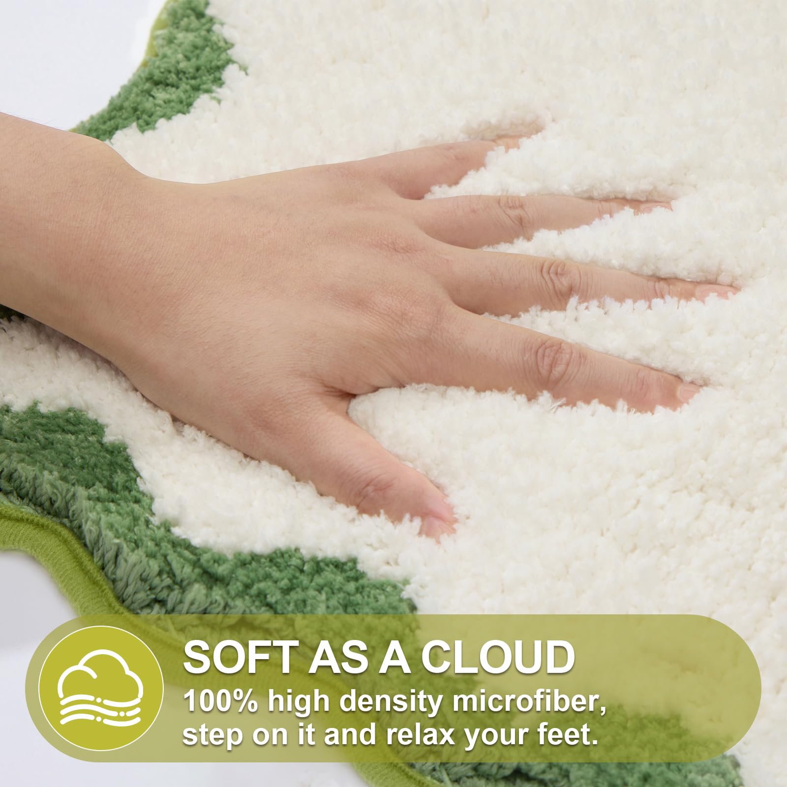 Ortigia Cute Scalloped Bathroom Rugs Non Slip Washable, Quick Dry Absorbent Plush Microfiber Bath Mats, Fun White And Green Bath