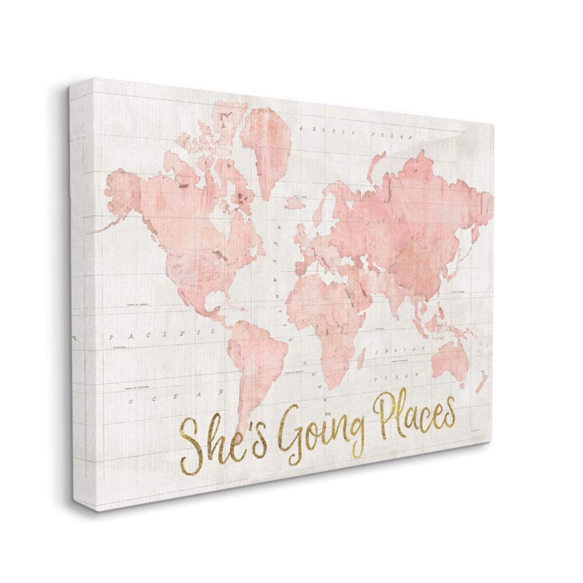 Stupell Industries She'S Going Places Quote Pink Watercolor World Map, 24 X 30 (Ab-961_Cn_24X30)