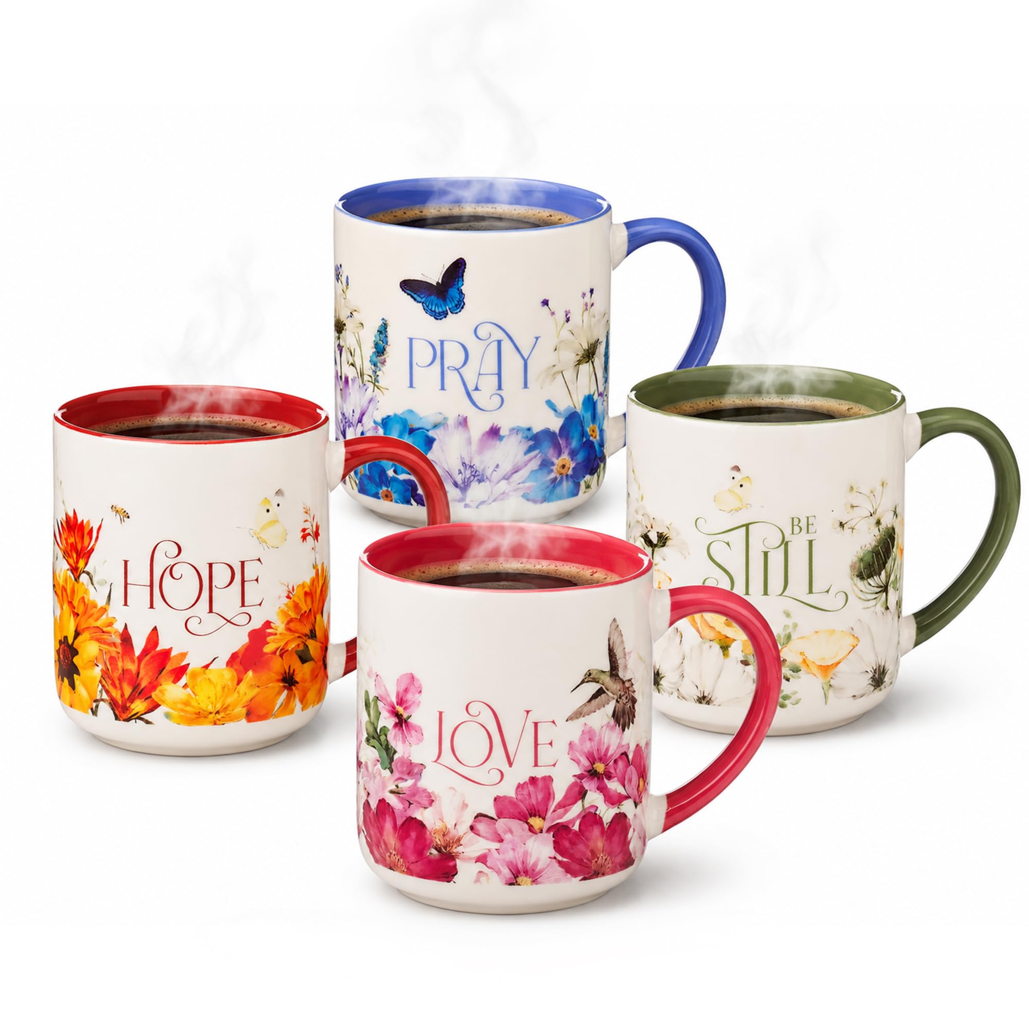 Christian Art Gifts Novelty Inspirational Scripture Ceramic Coffee & Tea Mug Set for Women: Love, Pray, Hope & Be Still, Multico