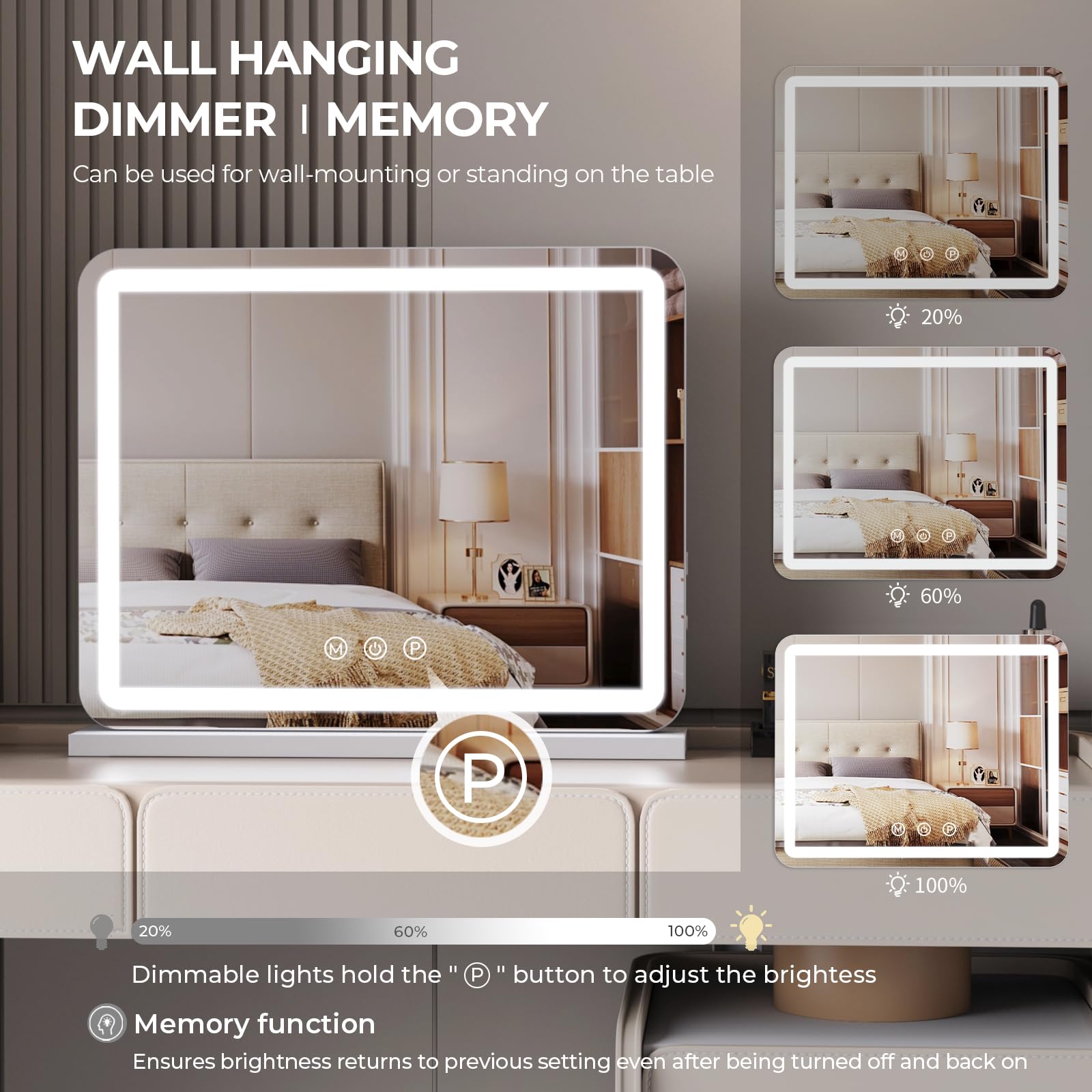 Zl Zeling Vanity Mirror With Lights, 23 Inch Large Makeup Mirror With Led Lights, Smart Touch Dimmable 3-Color Light, Memory Fun