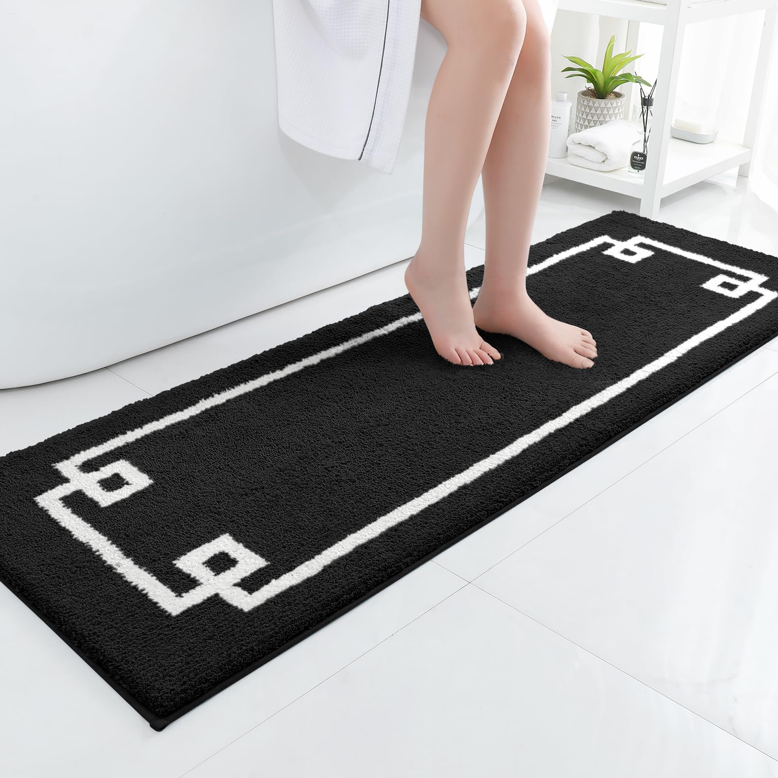 Homeideas Bathroom Runner Rugs, Soft And Water Absorbent Long Bath Mat, Non-Slip Fluffy Soft Plush Microfiber Carpet (Black And