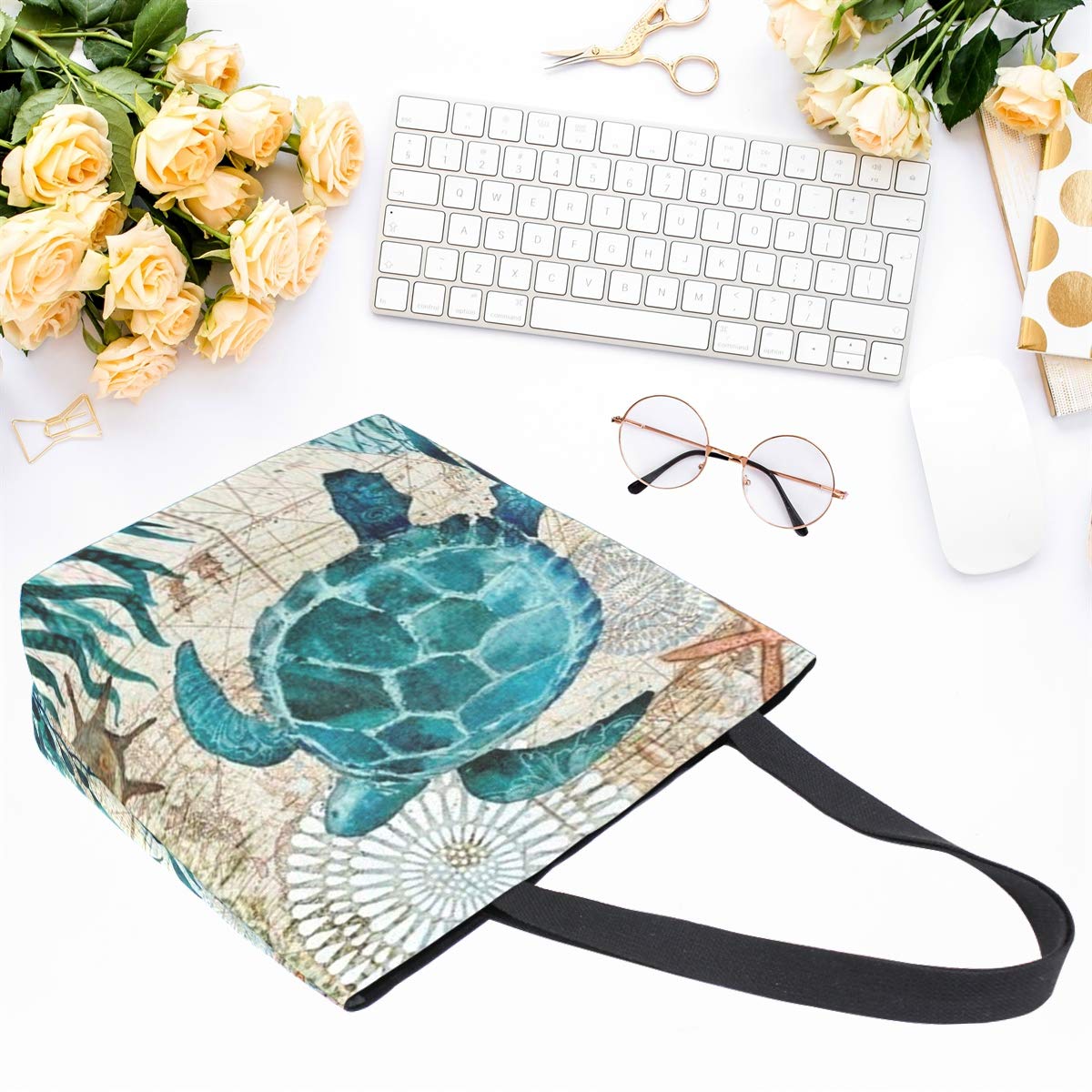 Naanle Ocean Turtle Canvas Tote Bag Large Women Casual Shoulder Bag Handbag, Sea Turtle Reusable Multipurpose Heavy Duty Shoppin