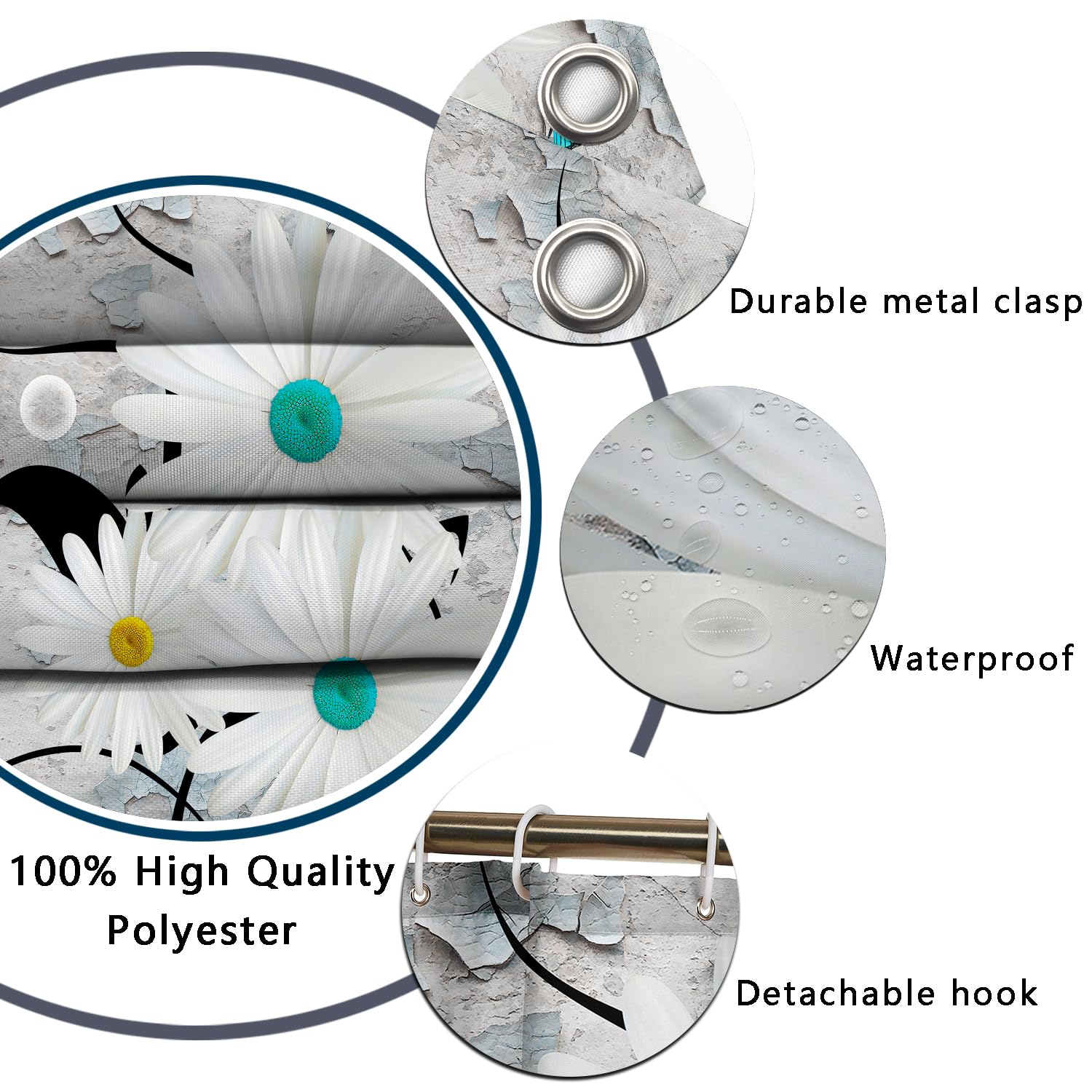 ENYORSEL 4 Piece Bathroom Shower Curtain Set with Rug  Chrysanthemum Bathroom Sets with Premium Shower Curtain and Non-Slip Bath Rugs  U-Shaped Floor Mat and Toilet Lid Oval Mat for Bathroom Decor