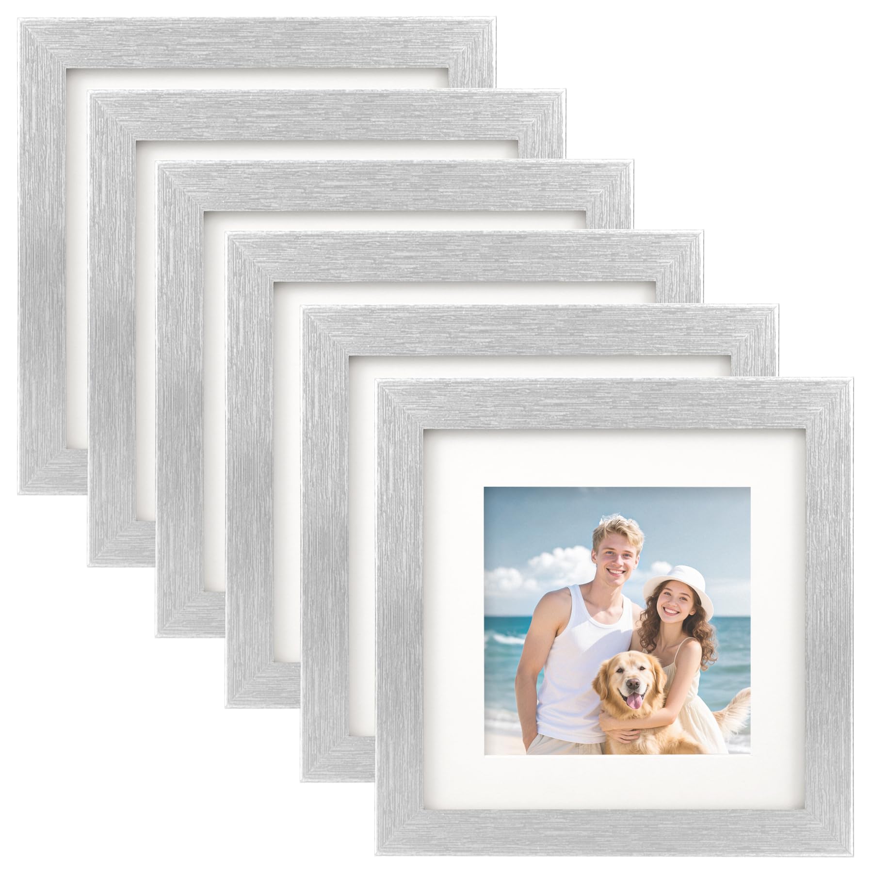TOFOREVO 6x6 Picture Frames Set of 6 Silver Wood Grain Photo Frame for Gallery Wall Mounting or Tabletop Display