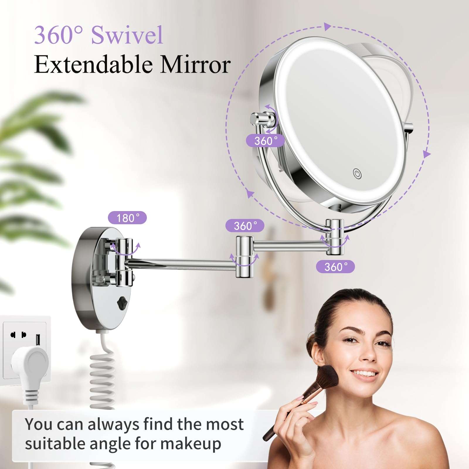 Wall Mounted Makeup Mirror With Lights, Magnifying Mirror 10X/1X Double-Sided, Plug-In Vanity Mirror With 3 Color Lights & Brigh
