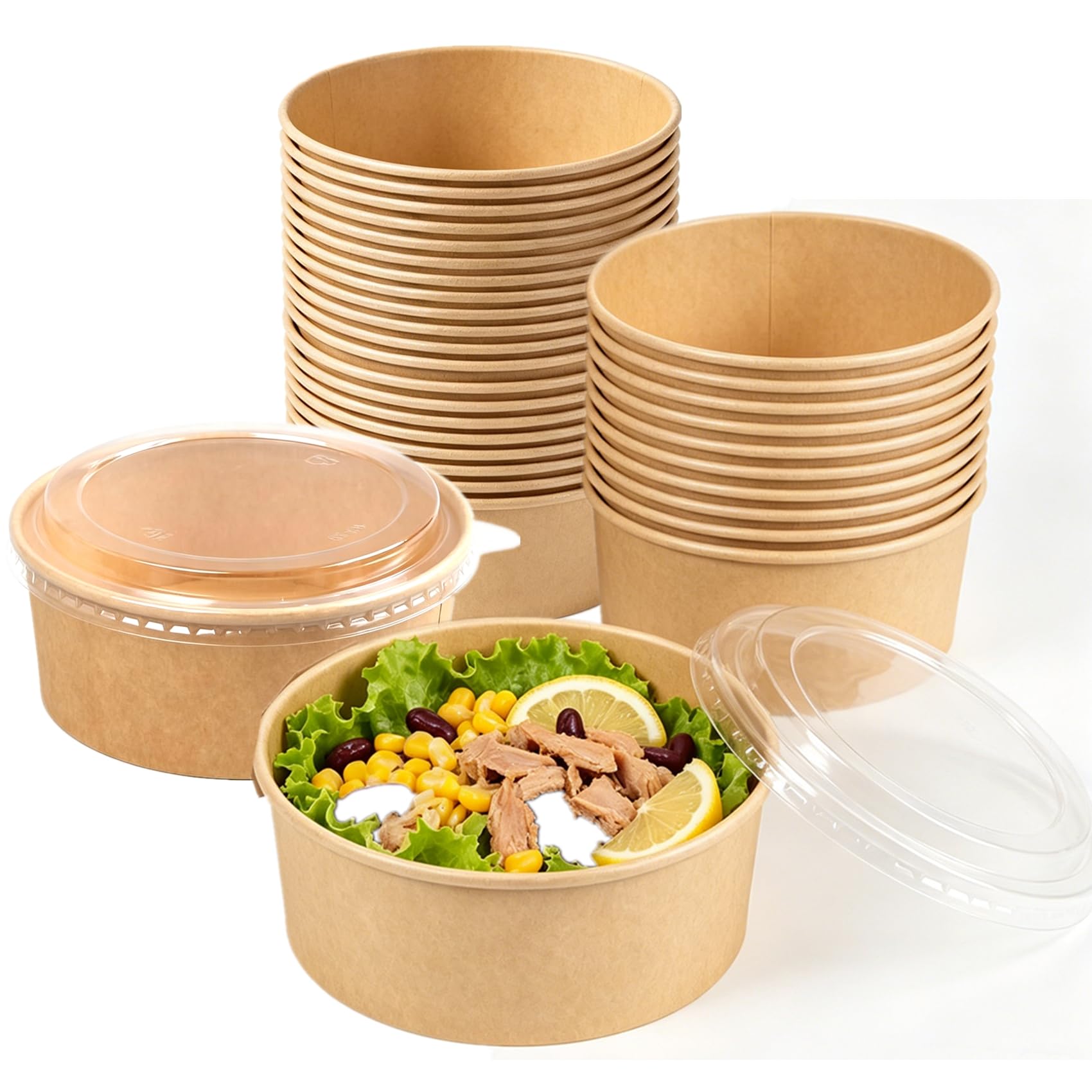 YuakTutu 50 Pack Large Paper Bowls with Lids, 32 OZ Kraft Paper Meal Prep Food Containers, Ramen Bowls for Hot/Cold Food, Salad,