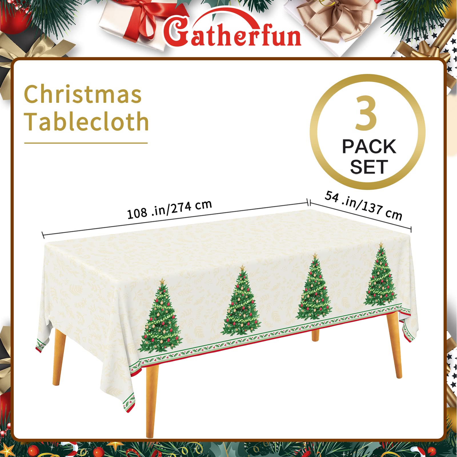 Gatherfun Christmas Table Decorations, Christmas Tree Disposable Tablecloth Waterproof Plastic Rectangular Table Cover for Merry