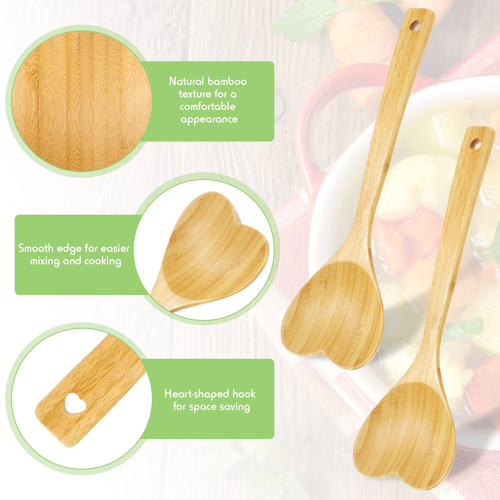Patelai 2 Pieces Bamboo Heart Shaped Wooden Spoon Set, 12.2 Inch Long Handle Wooden Kitchen Utensils Wooden Serving Mixing Spoon