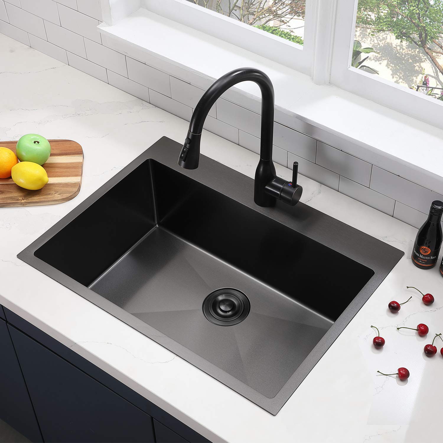 Shaco 33 Inch Black Kitchen Sink Drop In, 33X22 Large Top Mount Gunmetal Black Farmhouse Sink, Single Bowl Basin 16 Gauge Sus304