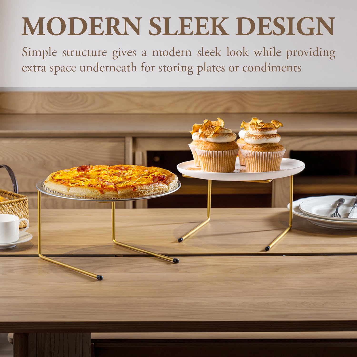 MyGift Brass Metal Pizza Table Stands, Tabletop Pizza Pan Riser Food Platter Tray and Display Rack, Set of 4