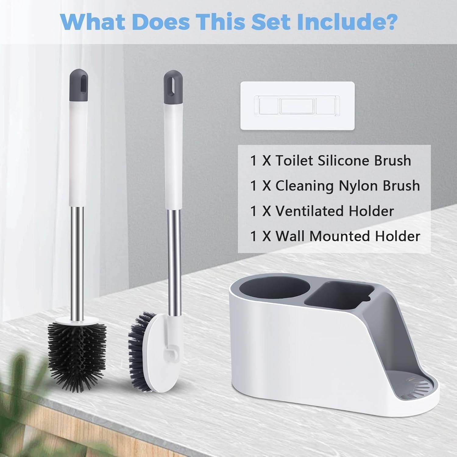 Noridy Silicone Toilet Brush With Holder Set - Free Stand Sleek Cleaner With Ventilated Drying Stand And Adhesive Wall Mounted C