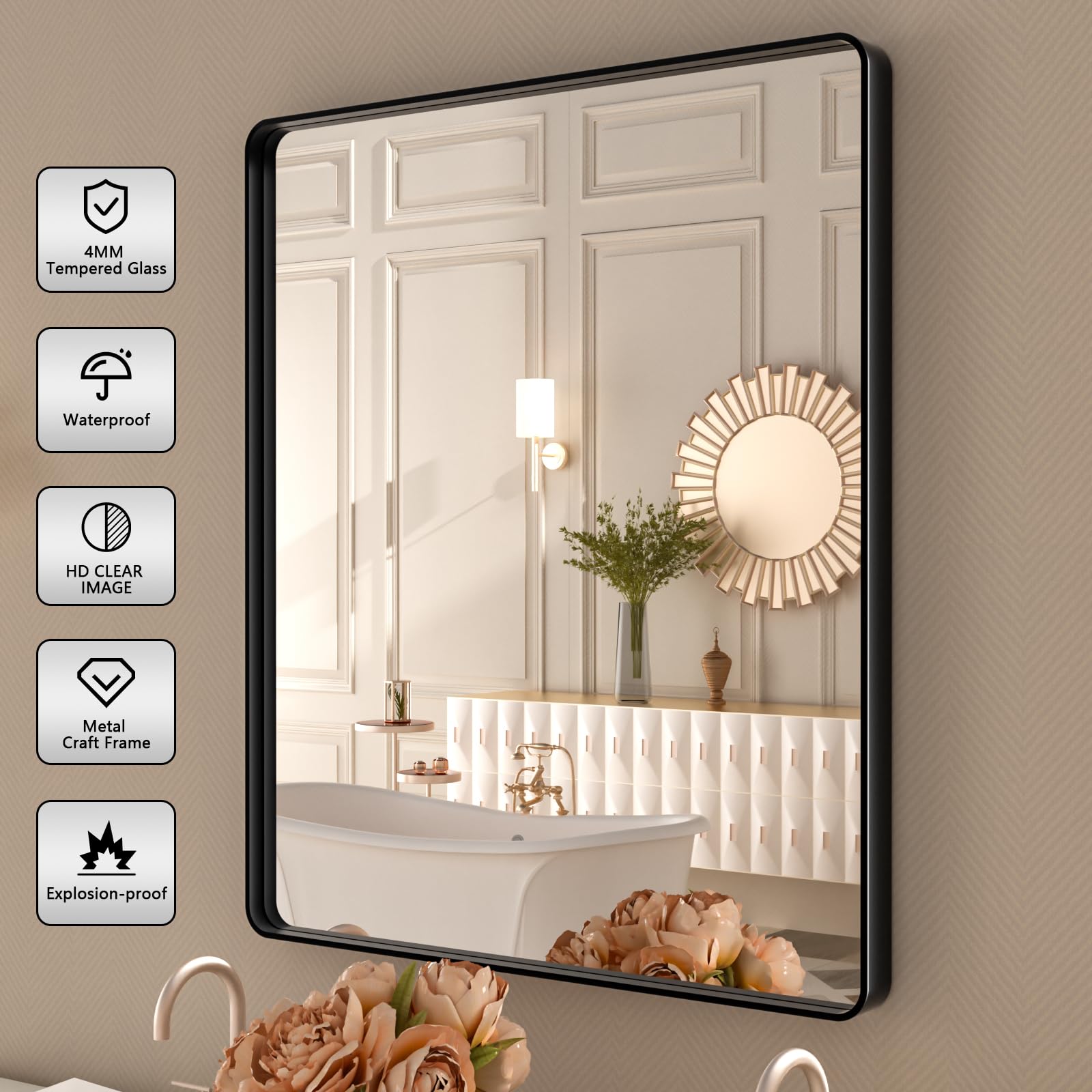 Istripmf Black Metal Framed Bathroom Mirror For Wall,28X32 Inch Rounded Rectangle Mirror,Matte Black Bathroom Vanity Mirror Farm