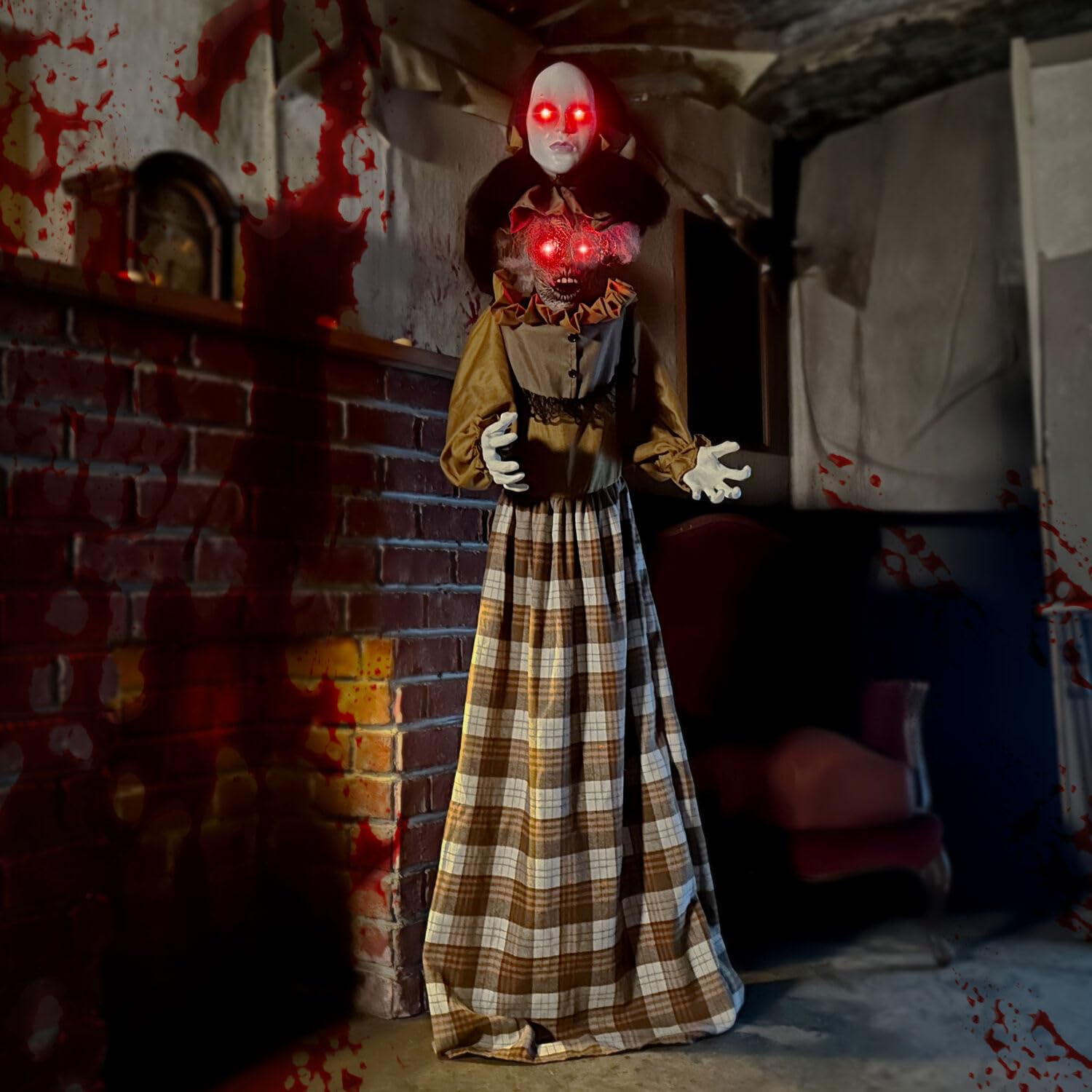 Haunted Hill Farm Lifesize 5.2-Ft Animatronic Scary Haunted Woman with Touch Activated Lights and Sound, Battery-Operated Indoor