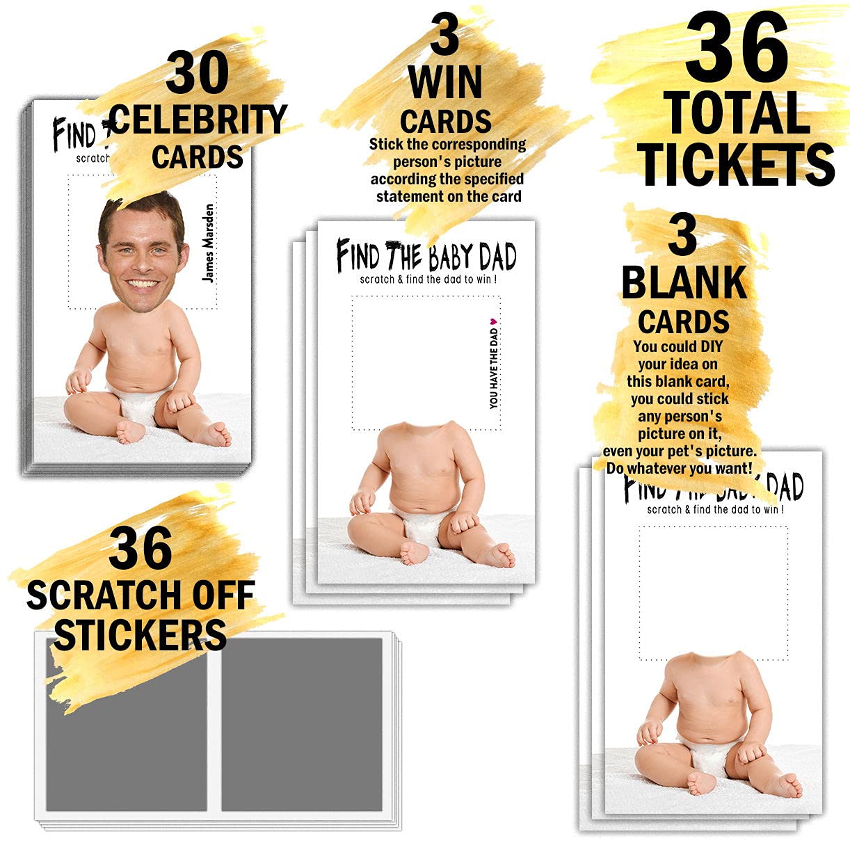 Baby Shower Games - Find The Baby Dad Scratch Off Celebrity Cards, Baby Shower Party Games Supplies - 36 Cards(Ba01-Bair)