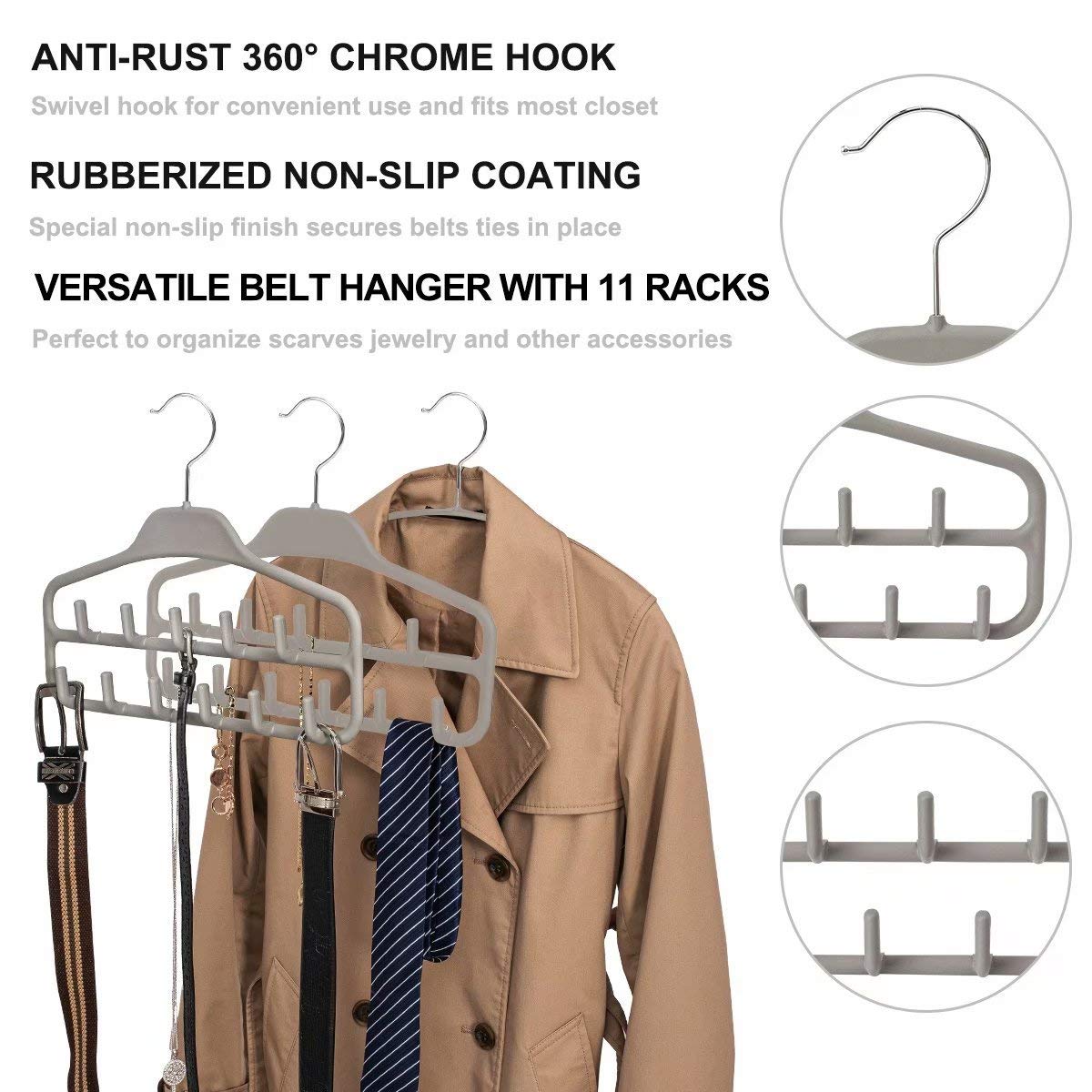 Fairyhaus Belt Hanger Organizer 2 Pack, Non Slip Tie Rack Holder, Durable Hanging Closet Accessory Hooks For Belts, Ties, Jewelr