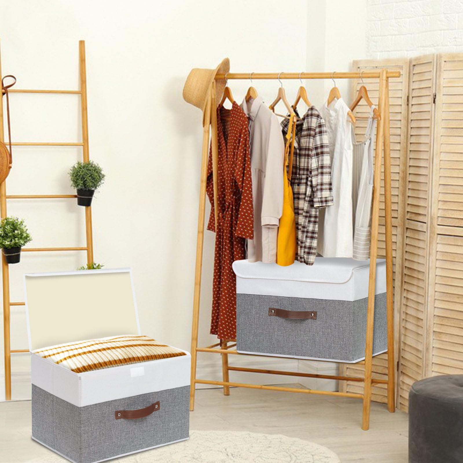 Yawinhe 25 Quart Storage Boxes With Lids, Linen Fabric Storage Bin Cube Organizer Basket, Washable And Leather Handle, For Home,