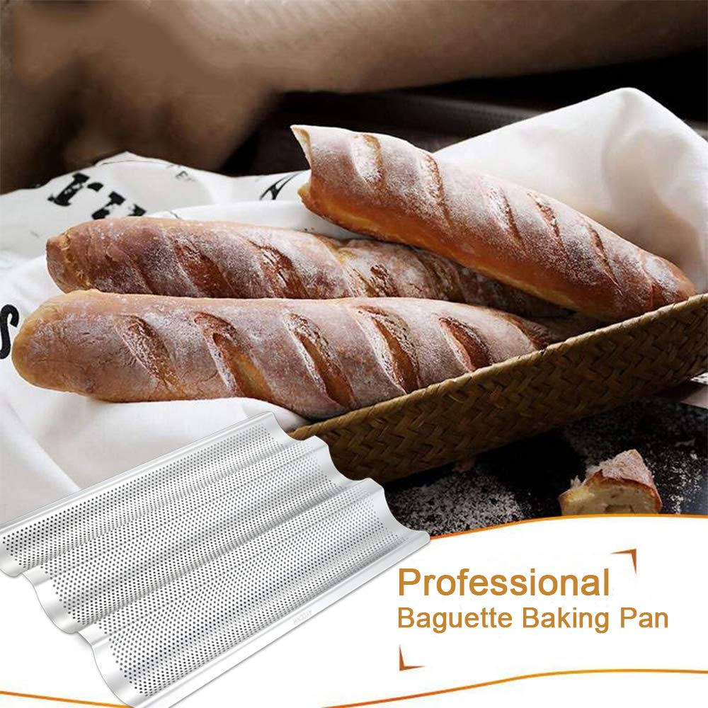 Ayccnh 2 Pack Stainless Steel French Baguette Bread Pan, Perforated Loaf Pans For Baking 15''X10'', 3 Waves Toaster Oven Baking