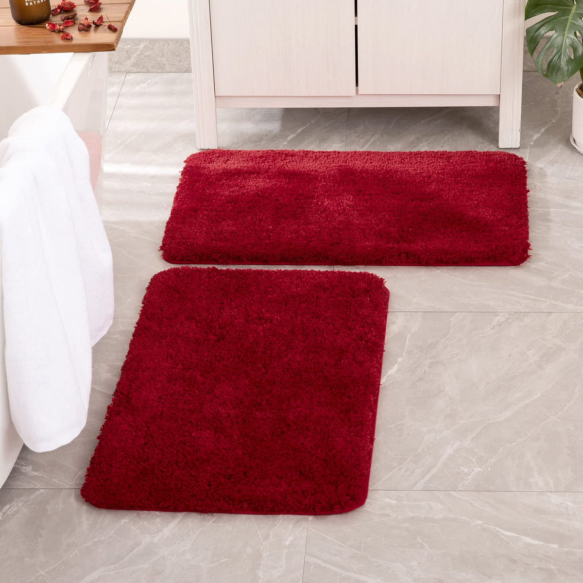 Miulee Red Set Of 2 Non Slip Shaggy Bathroom Rugs Extra Thick Soft Bath Mats Plush Microfiber Absorbent Water For Tub Shower Mac