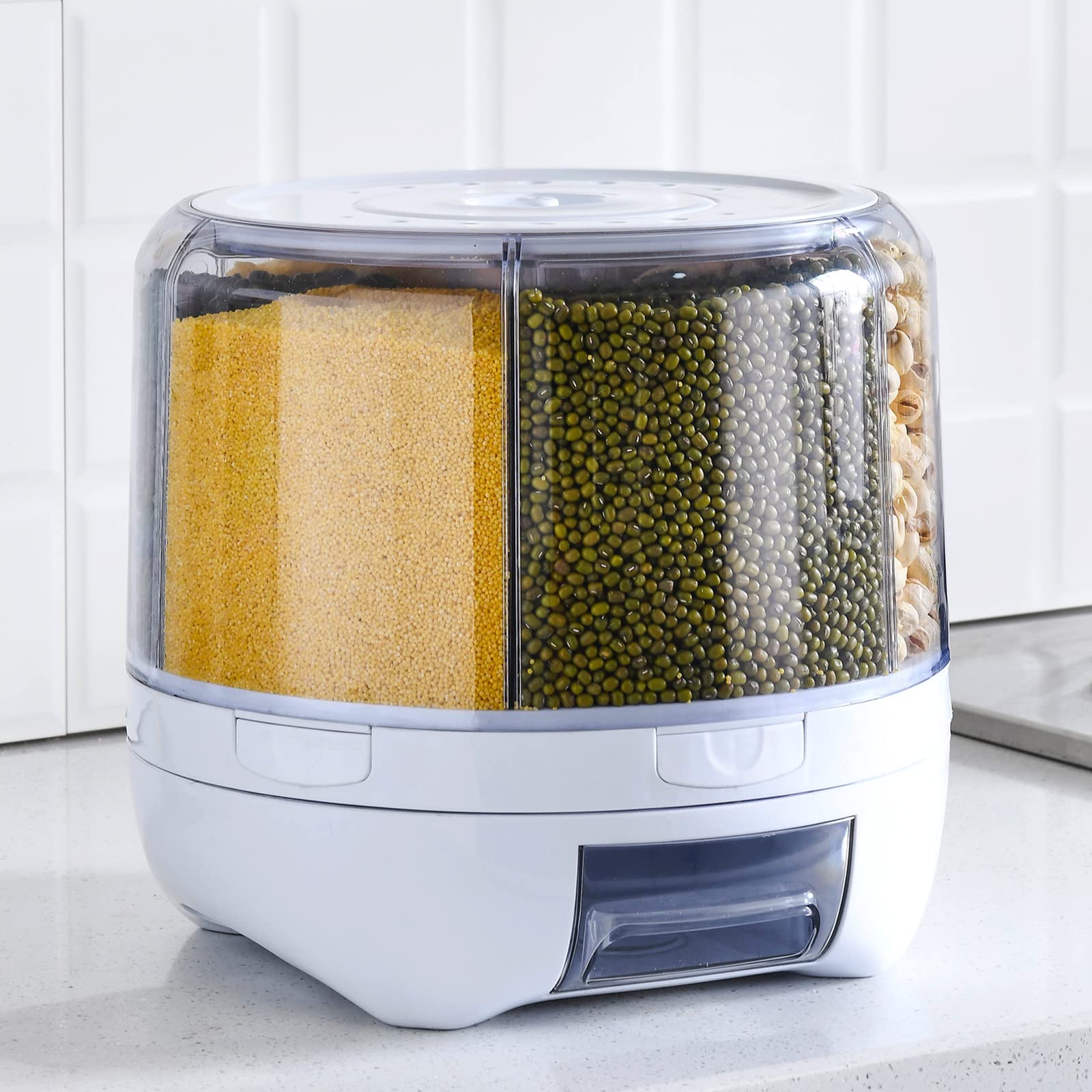 Xiyao 20Lbs Large Grain Dispenser 360Rotating Rice Food Dispenser 6 Grids Rice Container Rotatable Beans Containers Storage With