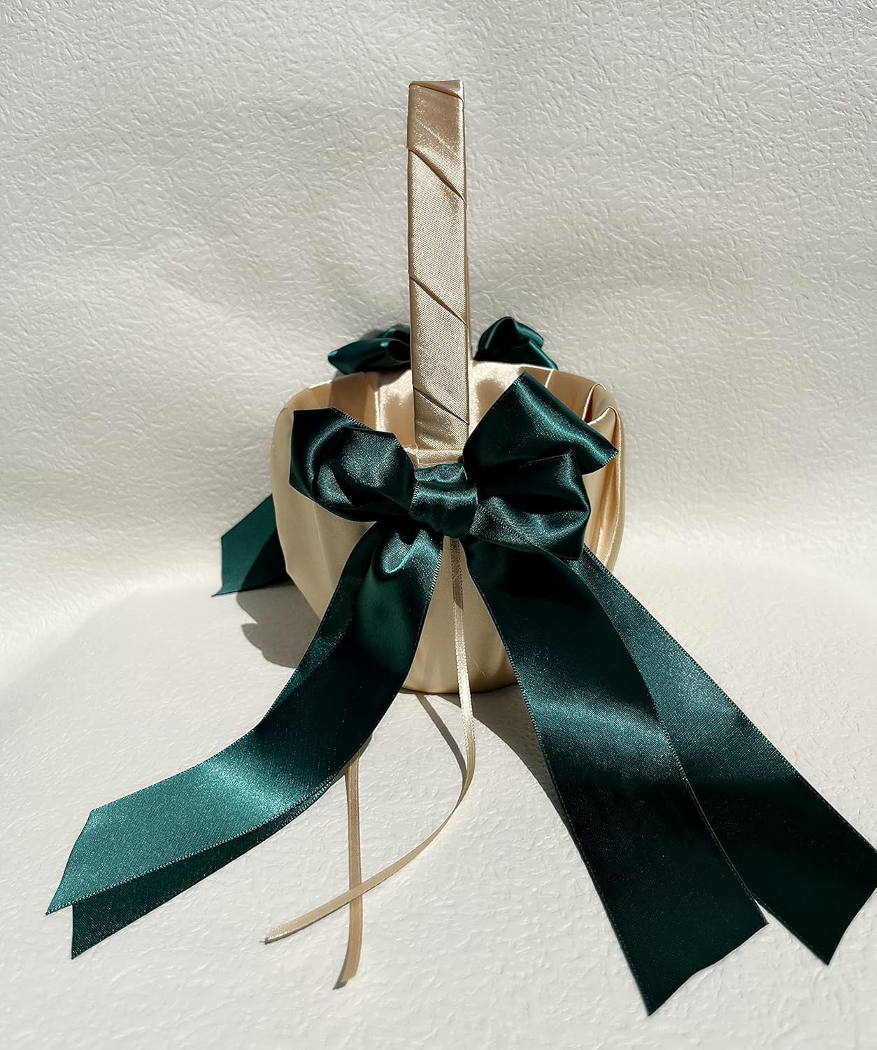 Ting&Cecilly Gold Flower Girl Basket with Dark Green Satin Ribbon Bow, for Wedding Ceremony, Anniversary, Vow Renewal, Gold & Da
