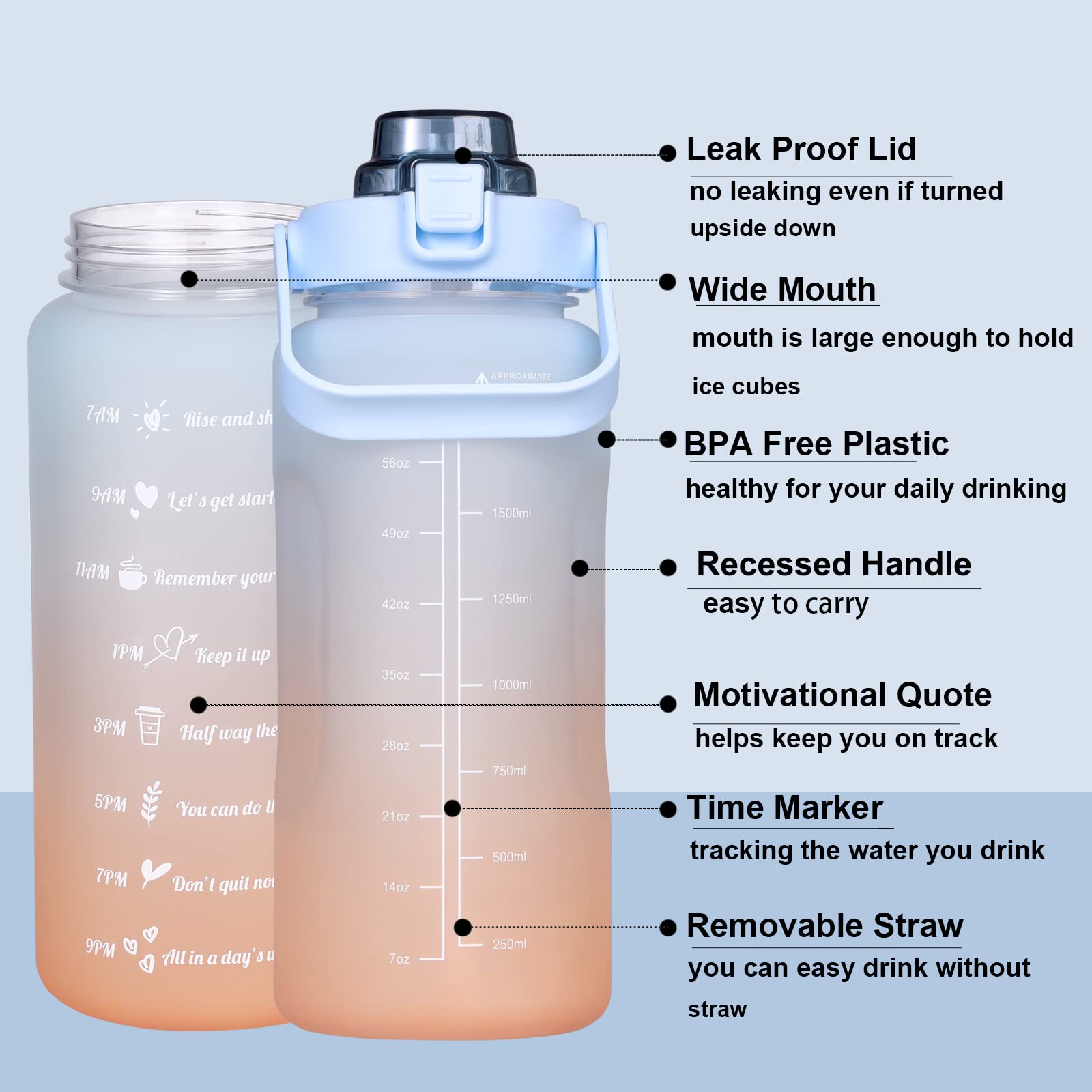 Large Motivational Water Bottle With Straw Time Marker Bpa Free For Sport And Fitness (Blue Orange, 64 Oz / Half Gallon)