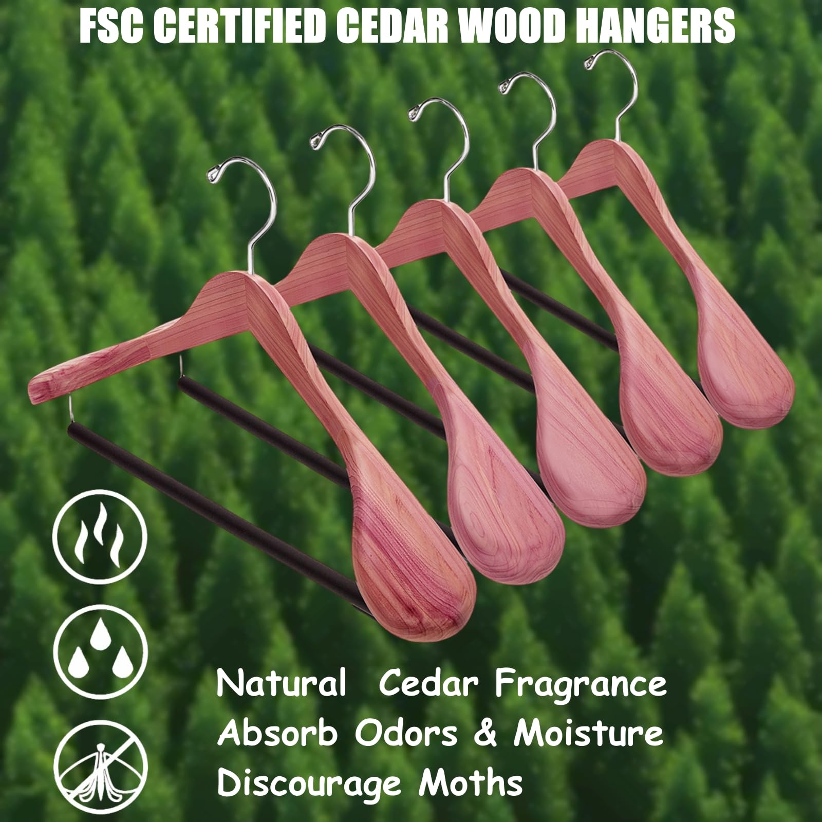 Amber Home 5 Pack American Red Cedar Wood Coat  Suit Hangers with Extra Wide Shoulder  Wooden Jacket Clothes Hanger Smooth Deluxe Aromatic Natural Cedar with Non Slip Velvet Pant Bar