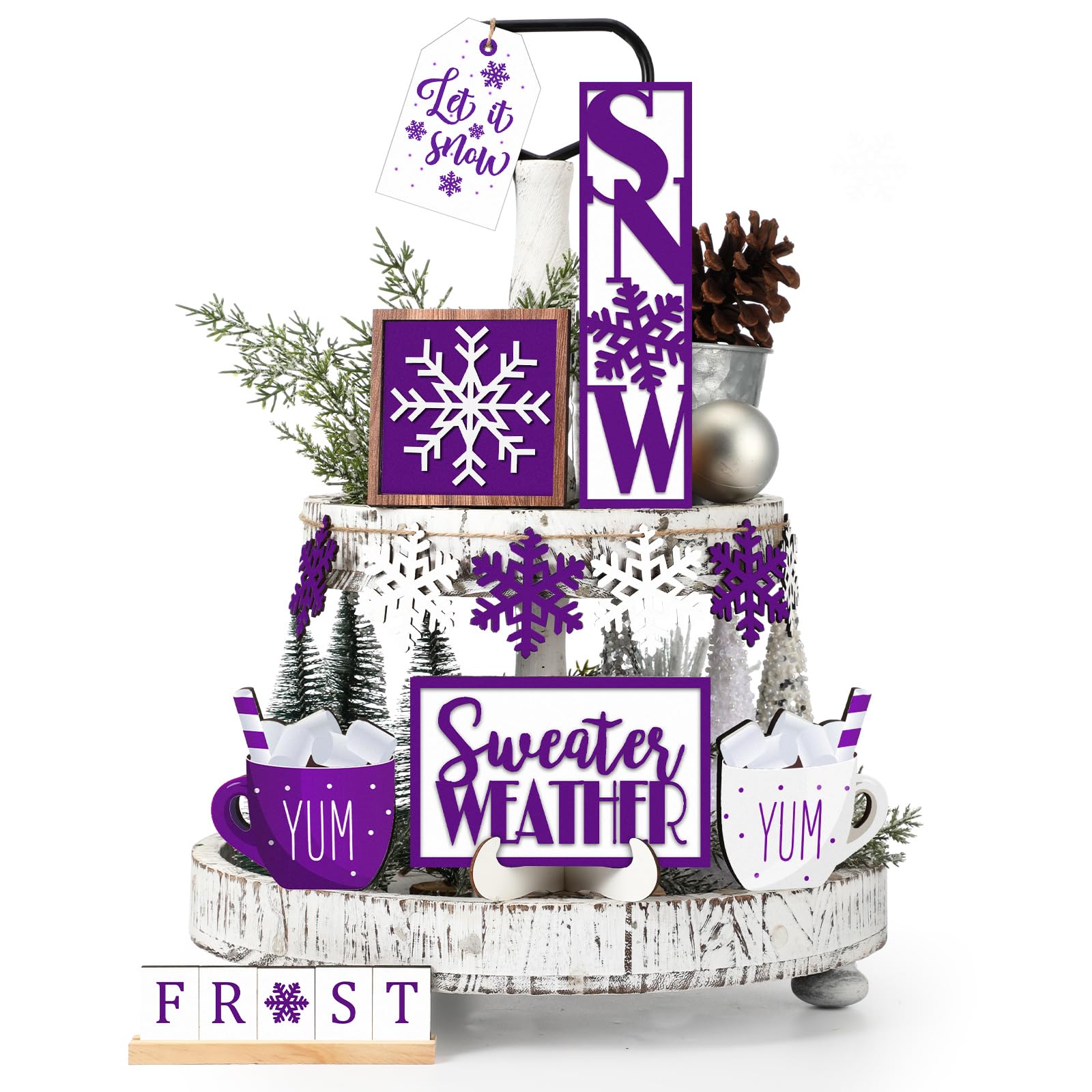 Jetec 12 Pieces Winter Tiered Tray Decor Set Snowflake Wooden Sign Let It Snow Table Decorations Farmhouse Coffee Bar Signs Tray