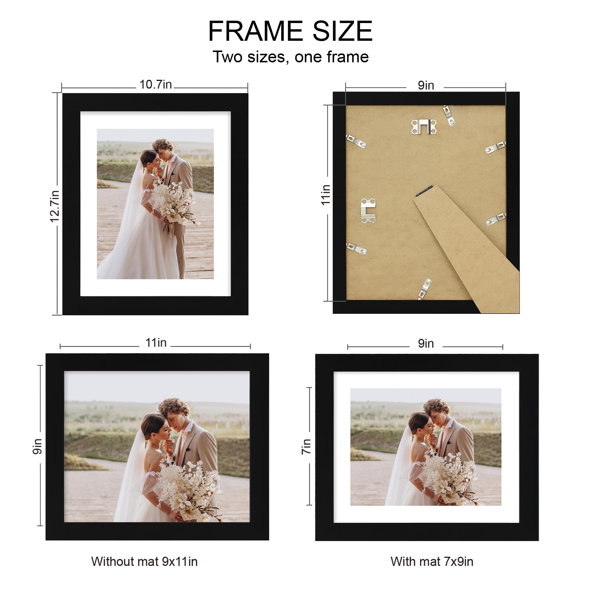 Hongkee 9x11 Picture Frame Set of 4, Made of Real Glass and Black Frame - Display Picture 7x9 with Mat or 9x11 Without Mat, 9 by