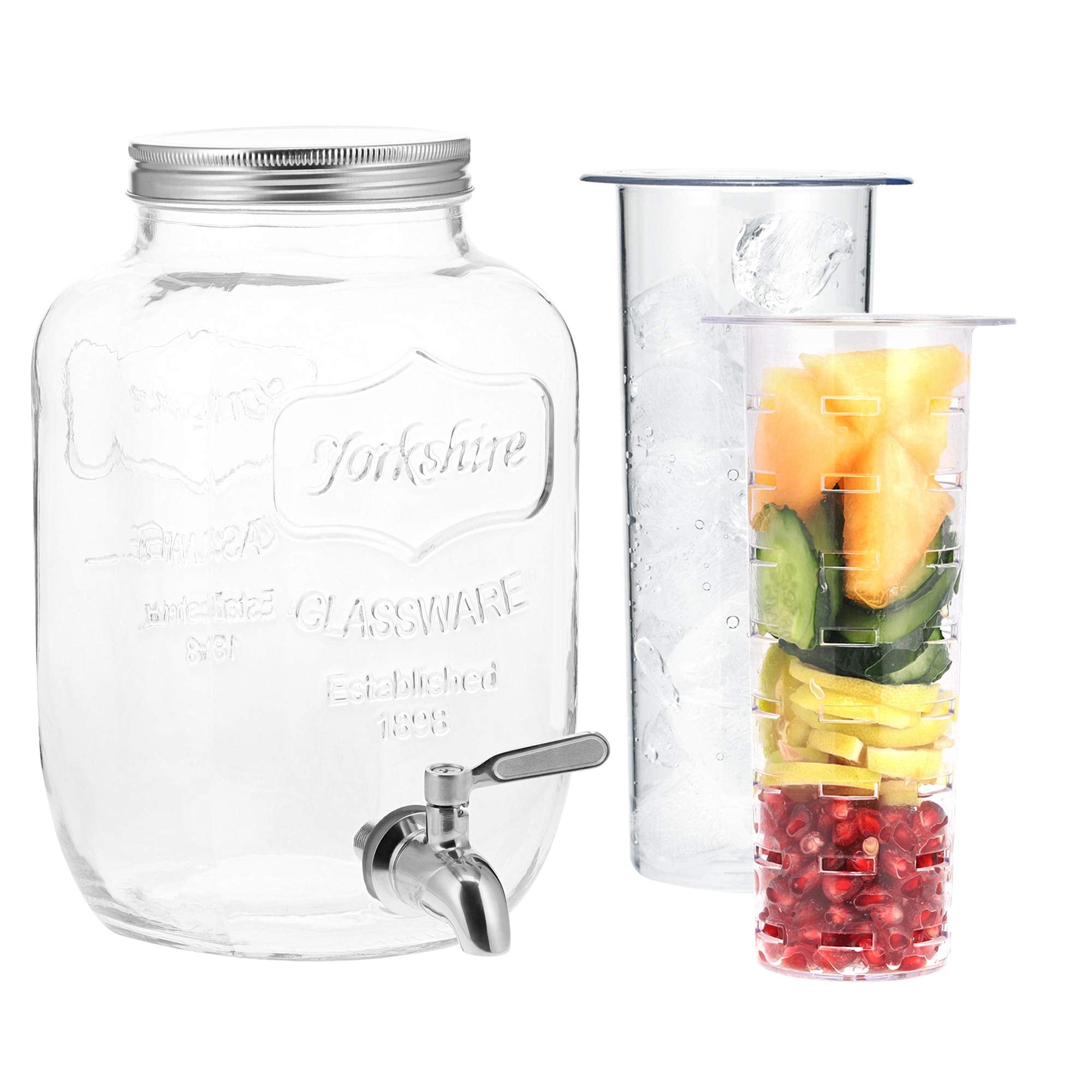Navaris Beverage Dispenser With Spigot - 1 Gallon (4 L) Glass Drink Jar With Fruit Infuser And Ice Insert - For Cold Drinks, Wat