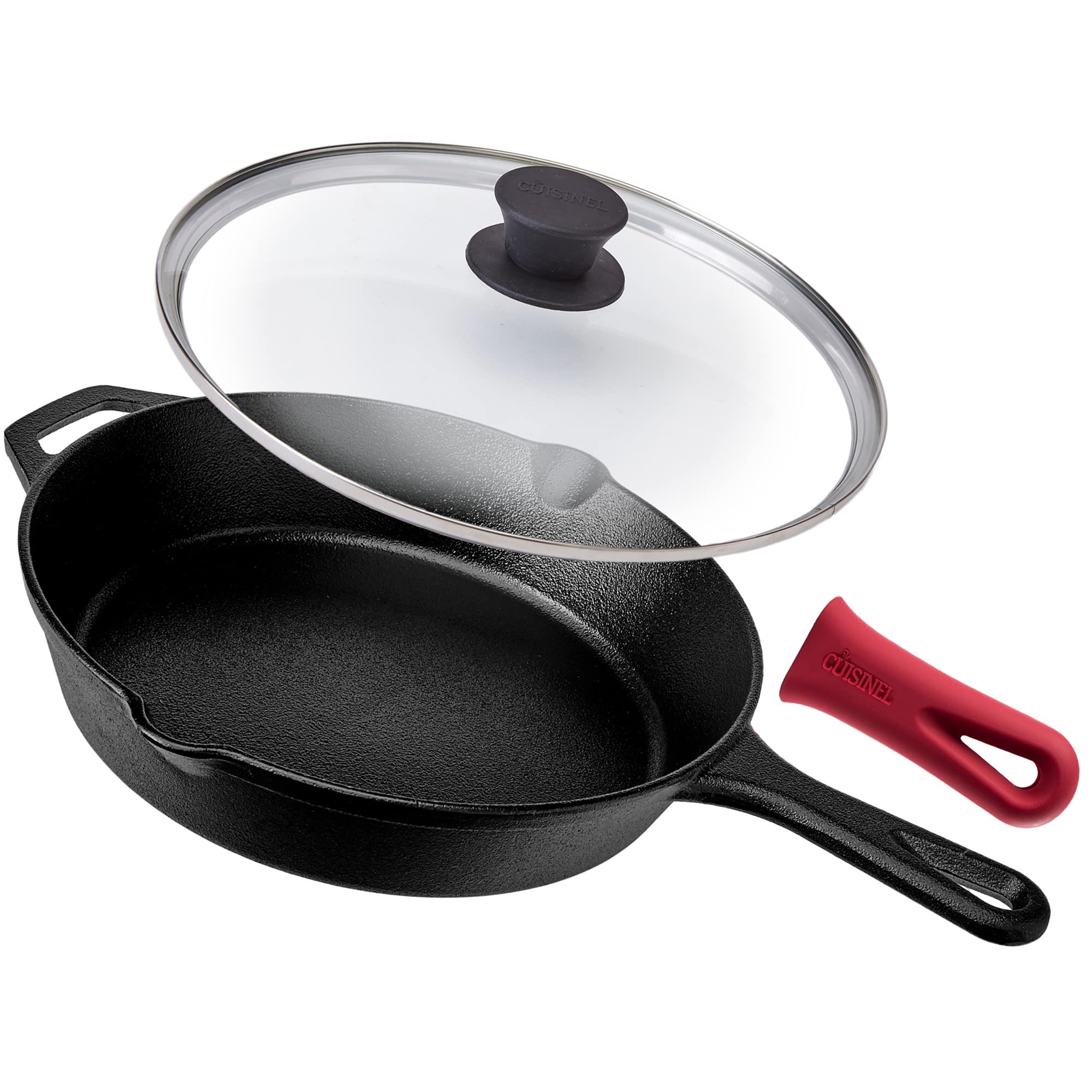 Cuisinel Pre-Seasoned Cast Iron Skillet (10-Inch) with Glass Lid and Handle Cover Oven Safe Cookware - Heat-Resistant Holder - I