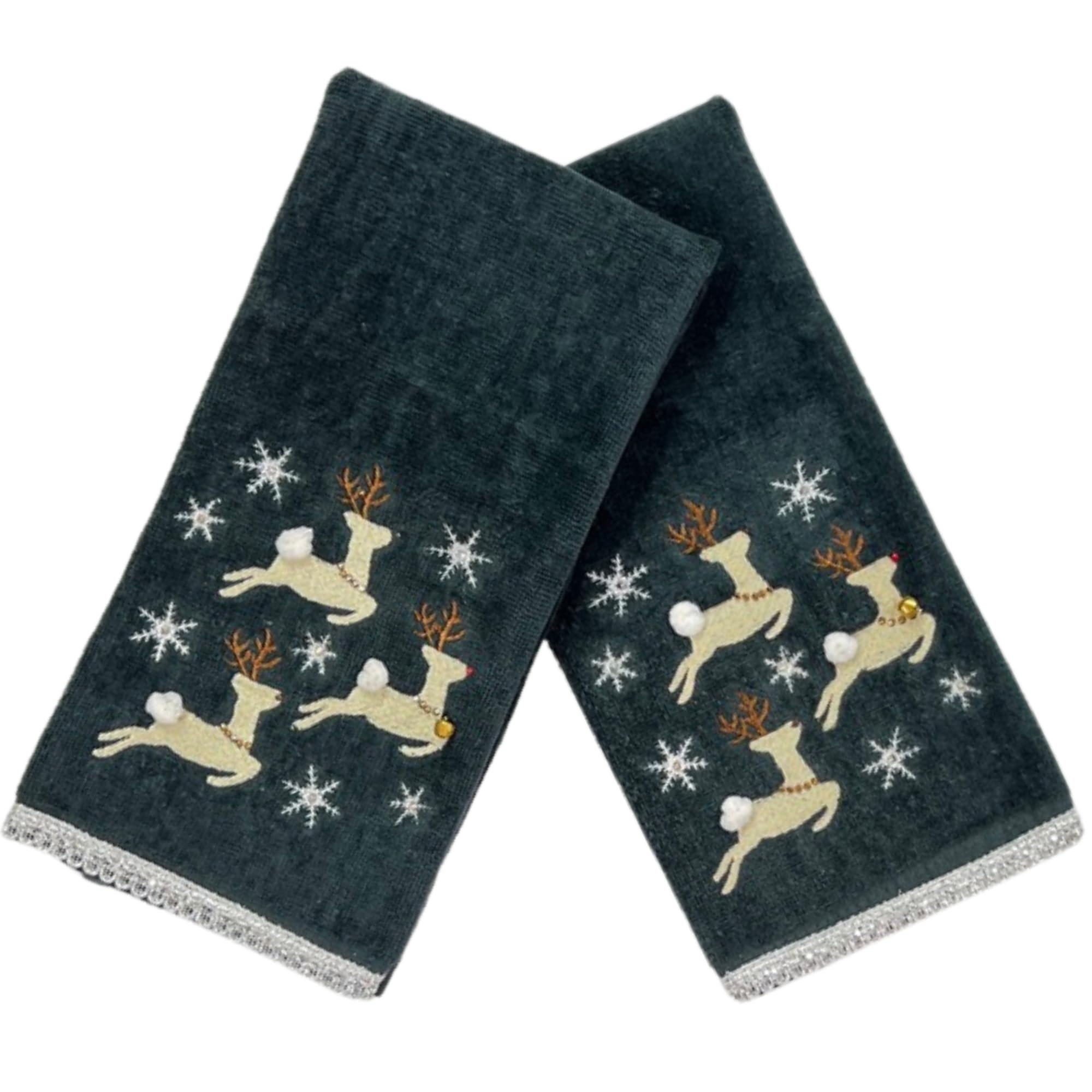 Dancing Reindeer Christmas Bath Hand Towels, Dark Grey, Set Of 2, 16 X 25 In, 100% Cotton