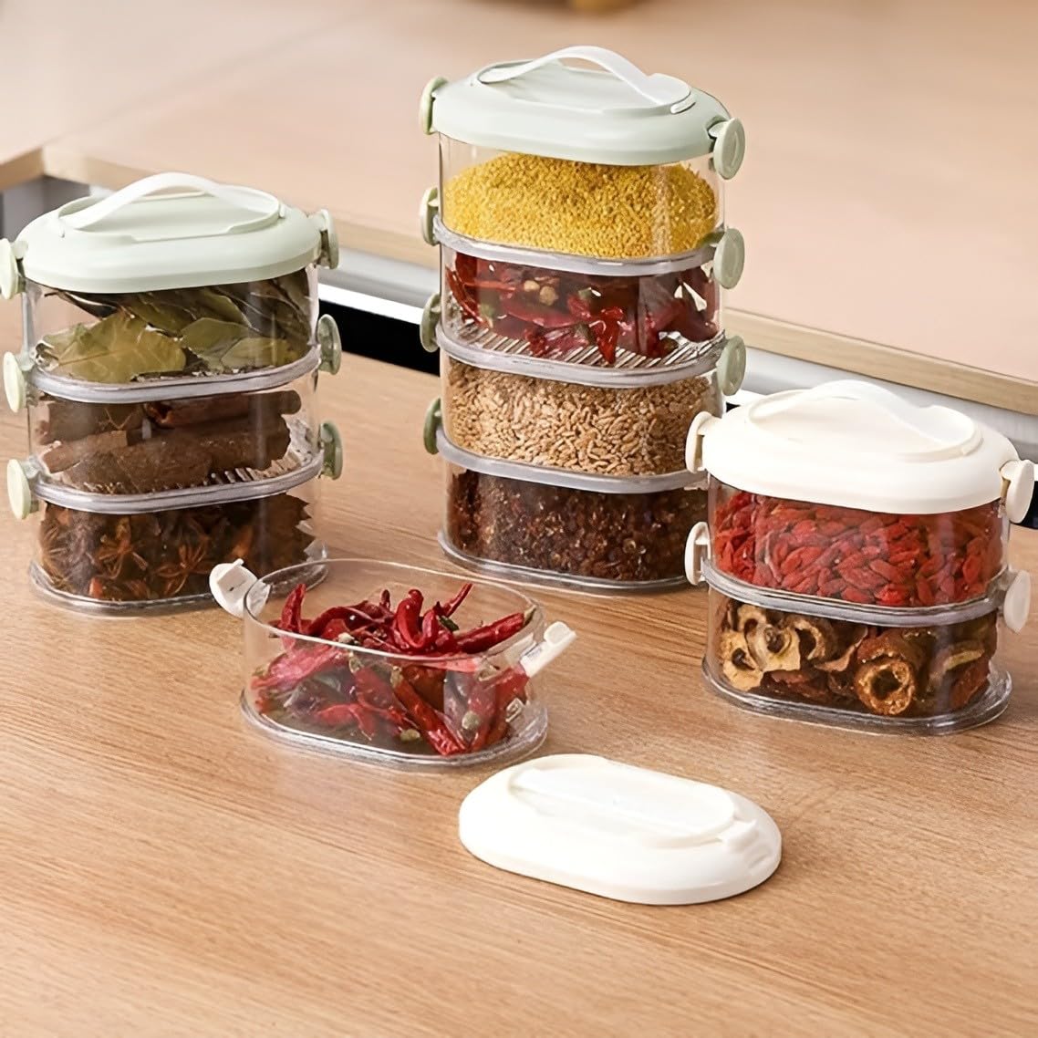 Jehilk Sales Stackable Plastic Storage Containers With Lid And Side Locks, Transparent 4Layer Food & Spice Organizer Set
