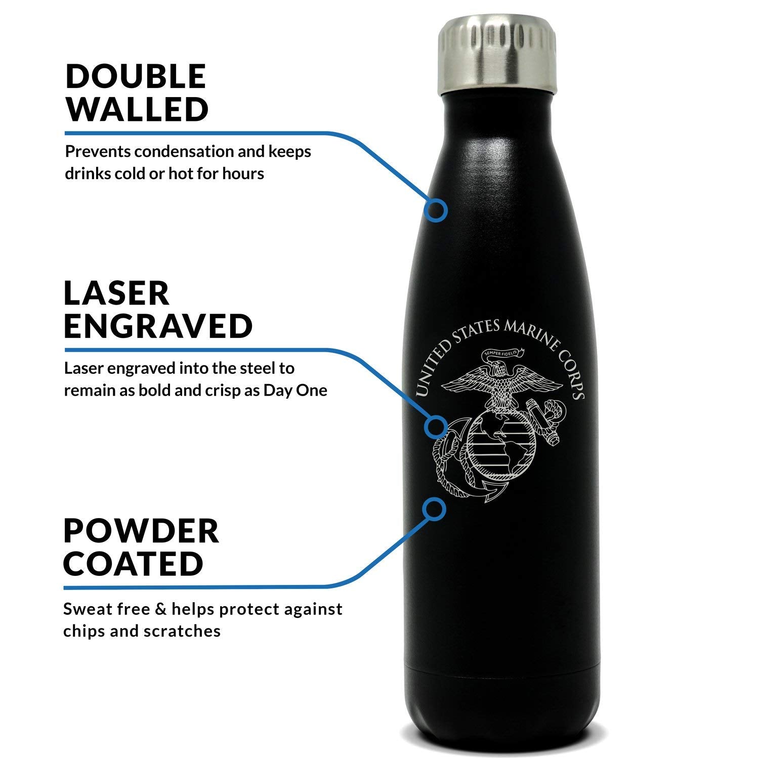 USMC 17oz Double Wall Vacuum Insulated Stainless Steel Marine Corps Water Bottle - Perfect for PT  Outdoor Sports  Hiking Camping and Cycling - USMC Gifts