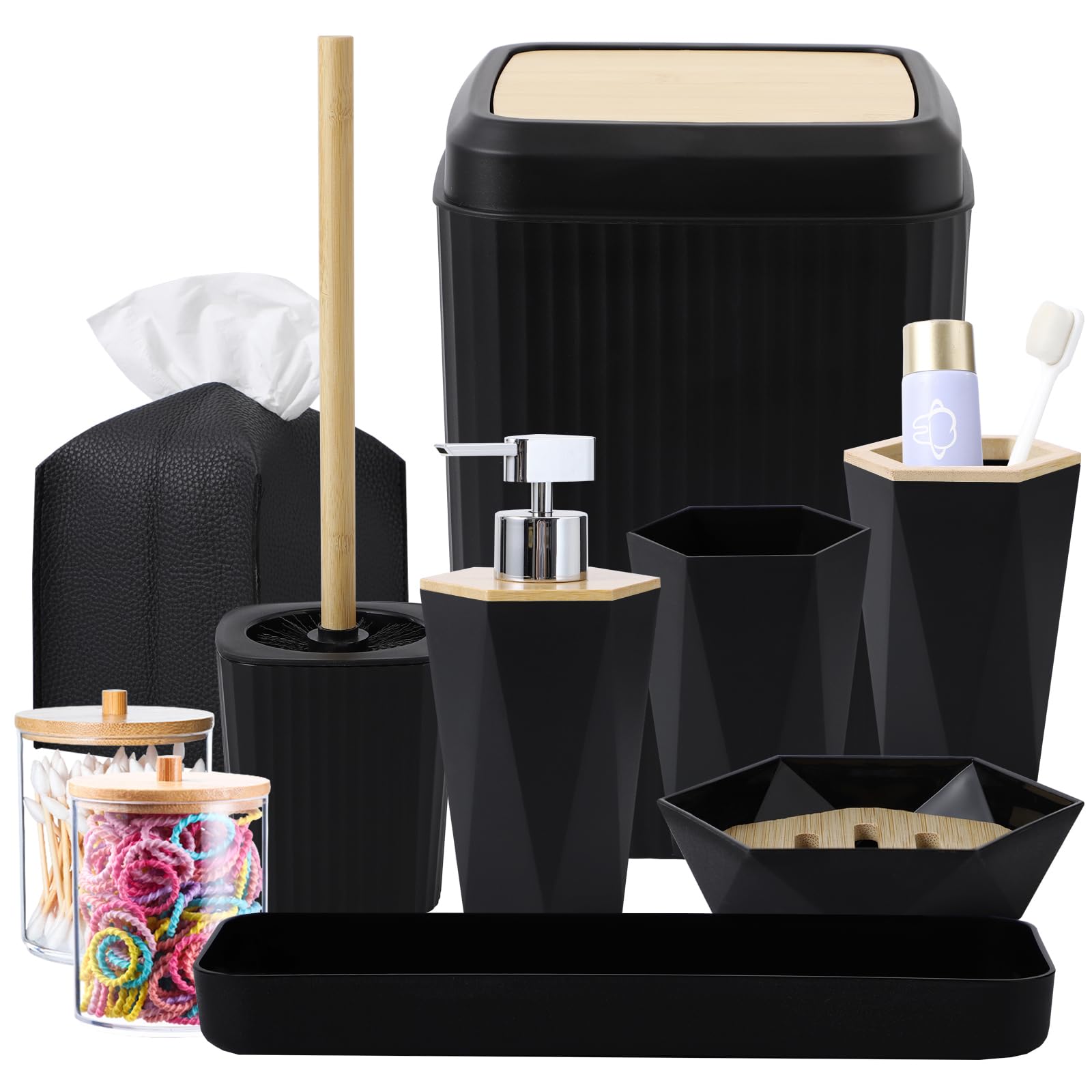 Black Bathroom Accessories Set 10Pcs Complete, Bamboo Lid Trash Can, Soap Dispenser, Soap Dish, Toilet Brush, Toothbrush Holder,