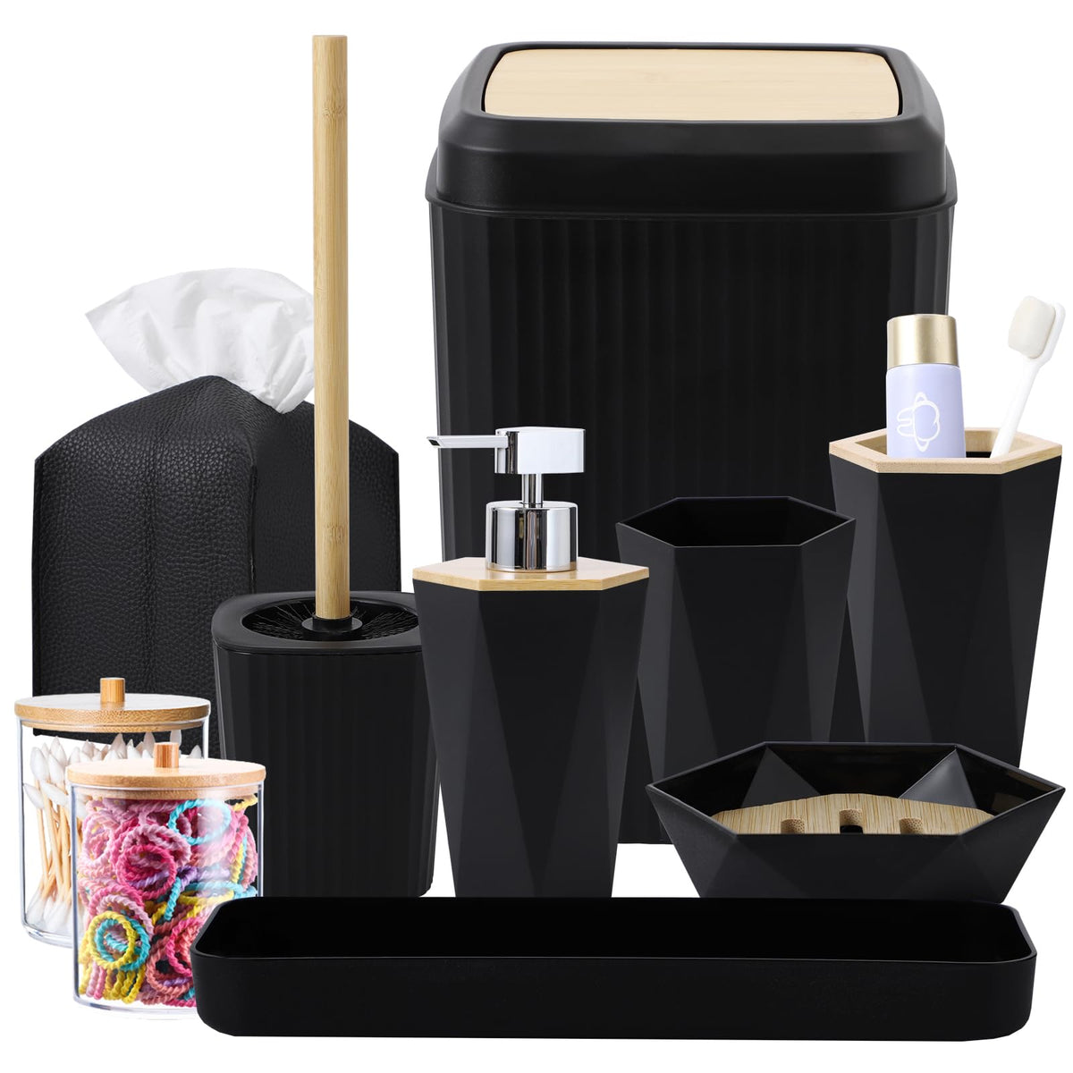 Black Bathroom Accessories Set 10Pcs Complete, Bamboo Lid Trash Can, Soap Dispenser, Soap Dish, Toilet Brush, Toothbrush Holder,