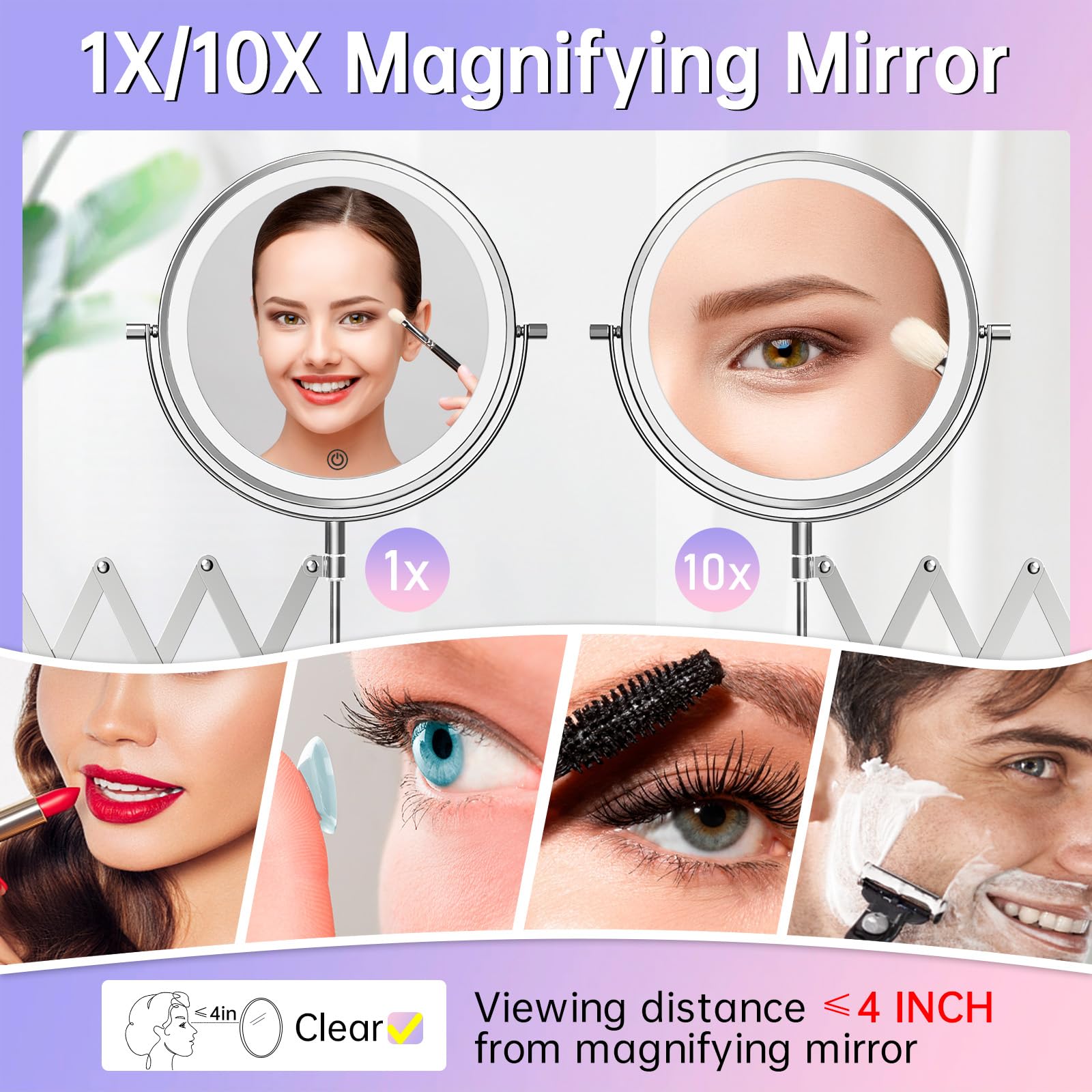 Rechargeable Wall Mounted Makeup Mirror With Lights, 1X/10X Magnifying Mirror With 3 Light Settings, 8 Inch 360 Swivel Bathroom