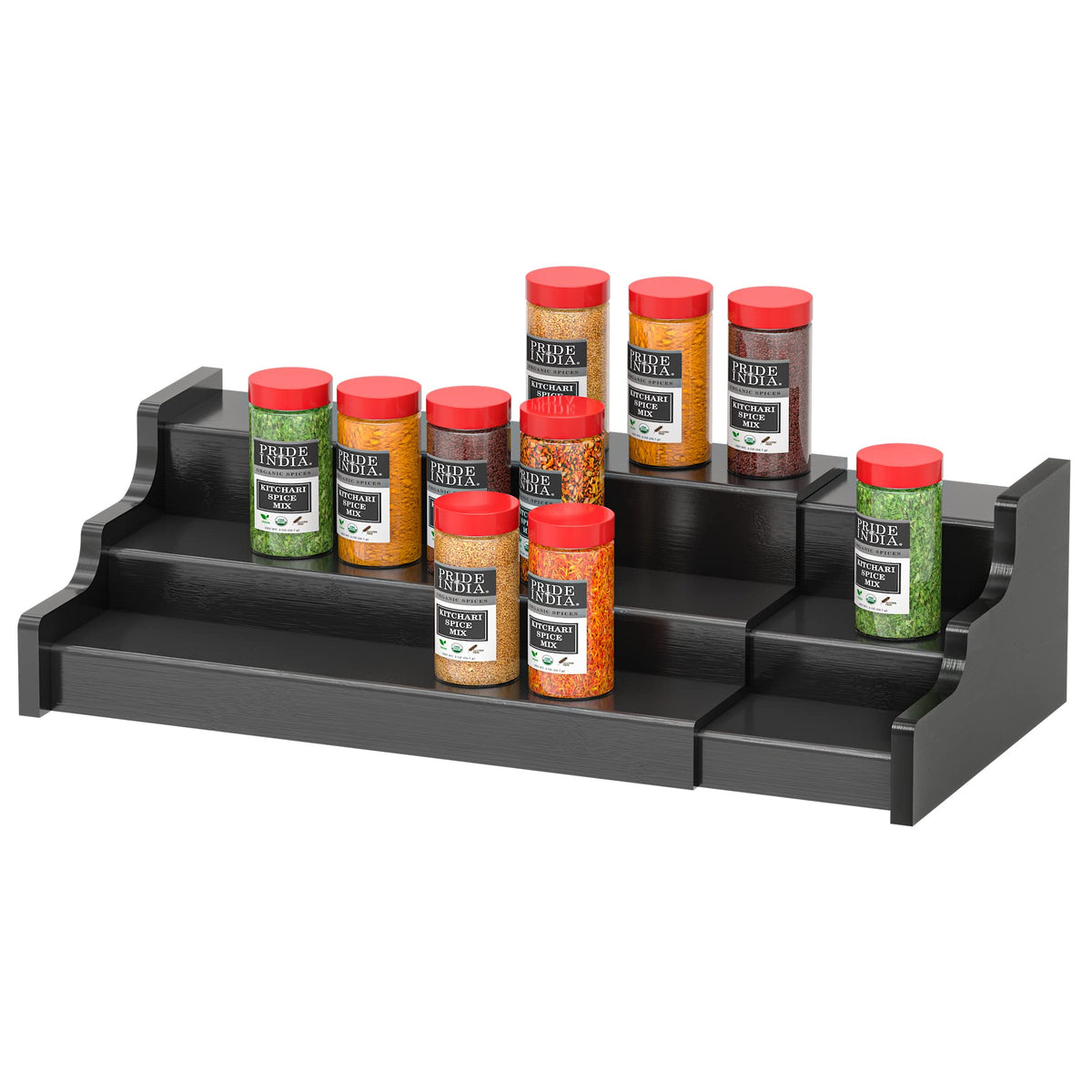 Spice Rack Organizer For Cabinet - 3 Tier Black Bamboo Wooden Expandab ...