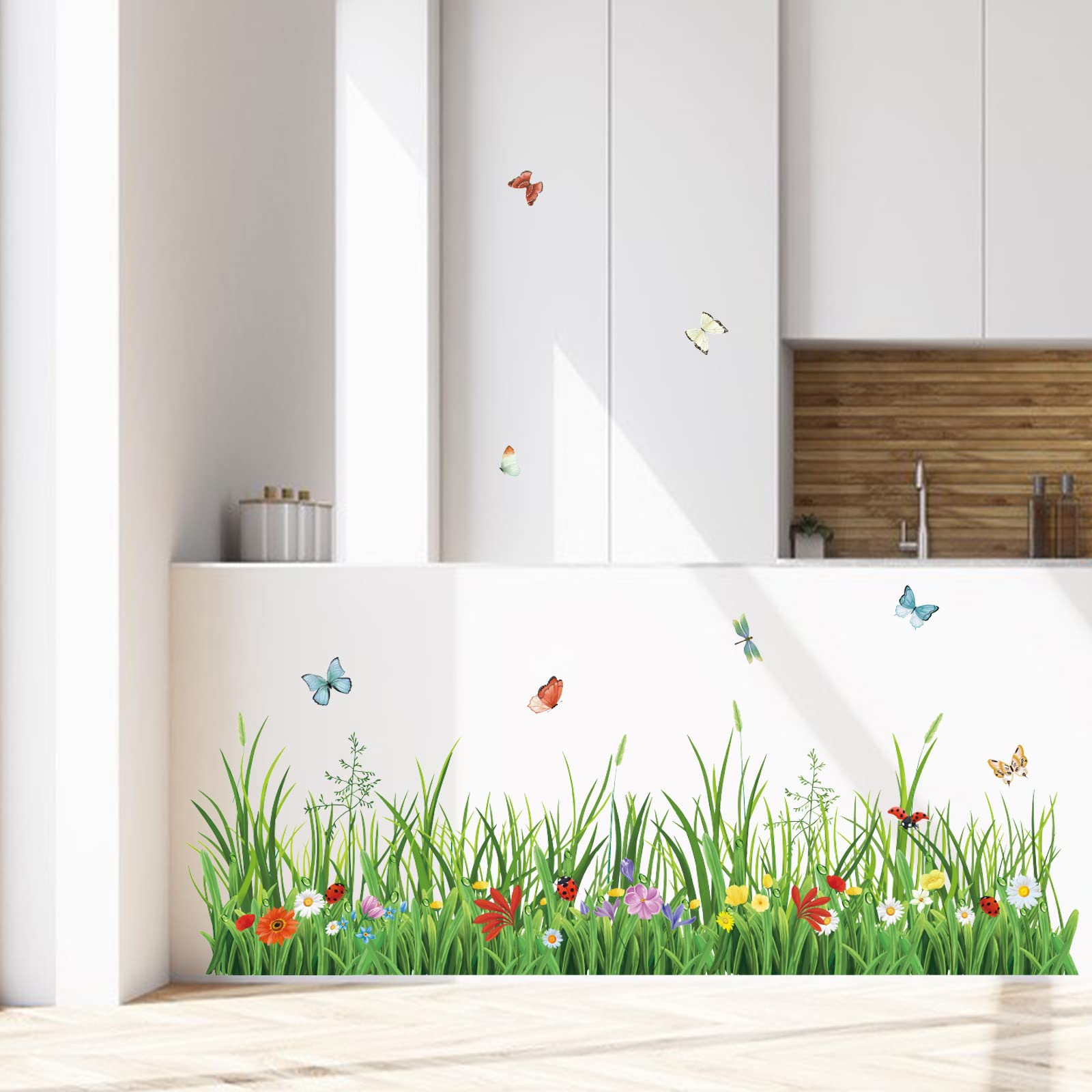 Wondever Green Grass Wall Corner Stickers Flowers Butterflies Baseboard Skirting Line Wall Decals For Bedroom Living Room (W:52