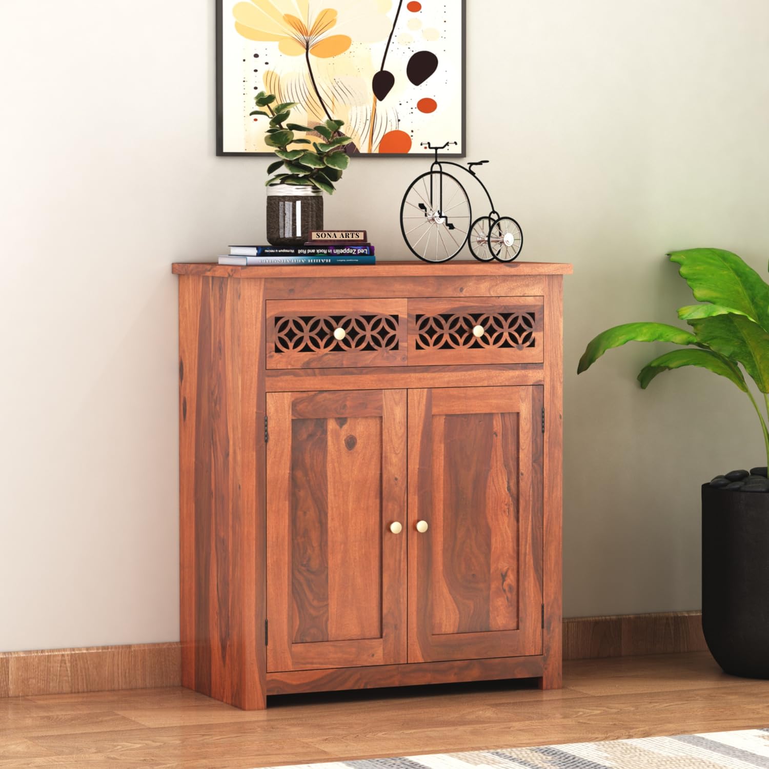 Sona Art & Crafts Cnc Solid Sheesham Wood Sideboard Cabinet Storage Organizerr With 2 Jali Drawer & 2 Door Cabinet For Home Kitc