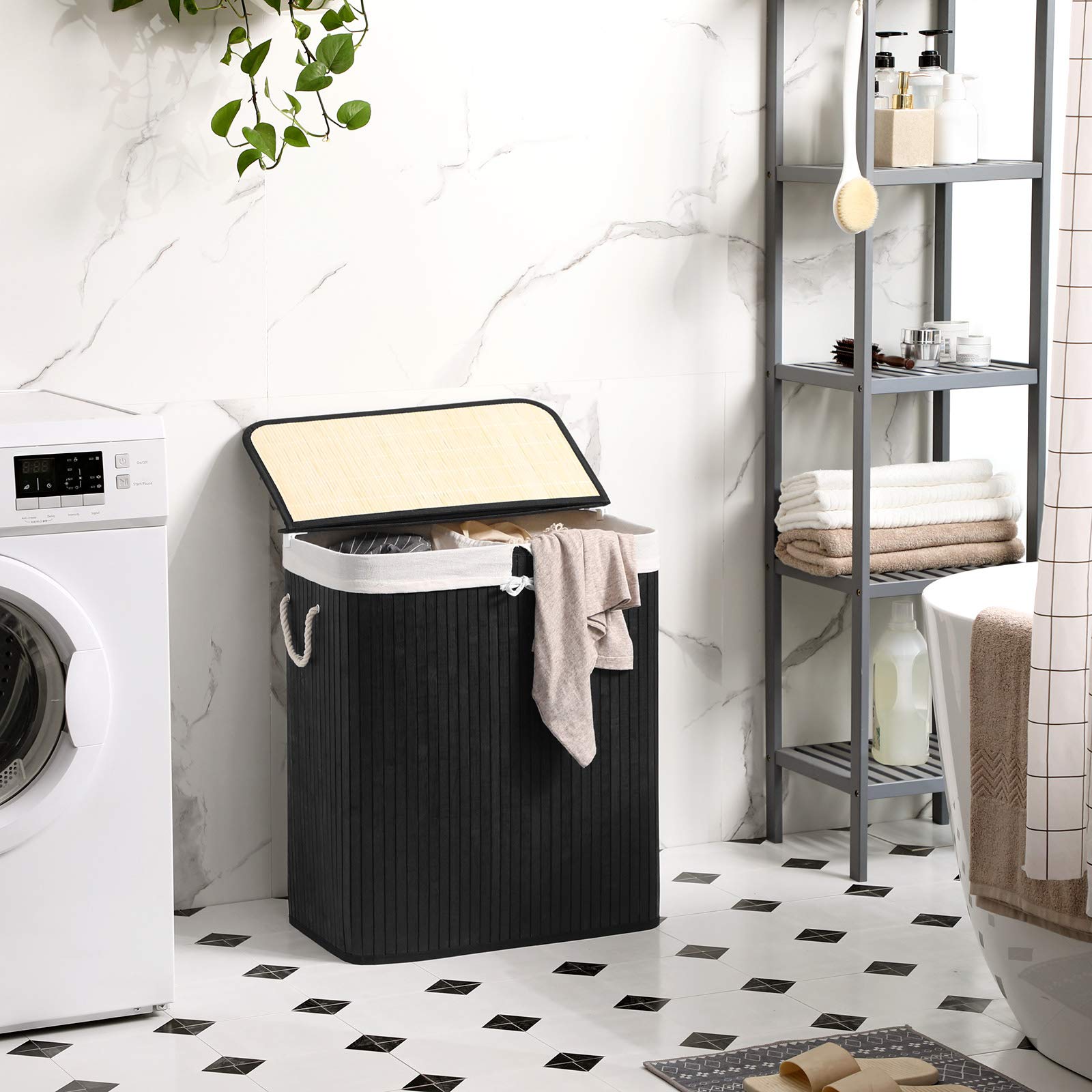 Songmics Laundry Hamper, 21.99 Gallons (100L), 2-Section Laundry Basket, Laundry Hamper With Lid, Bamboo, Foldable, Removable An