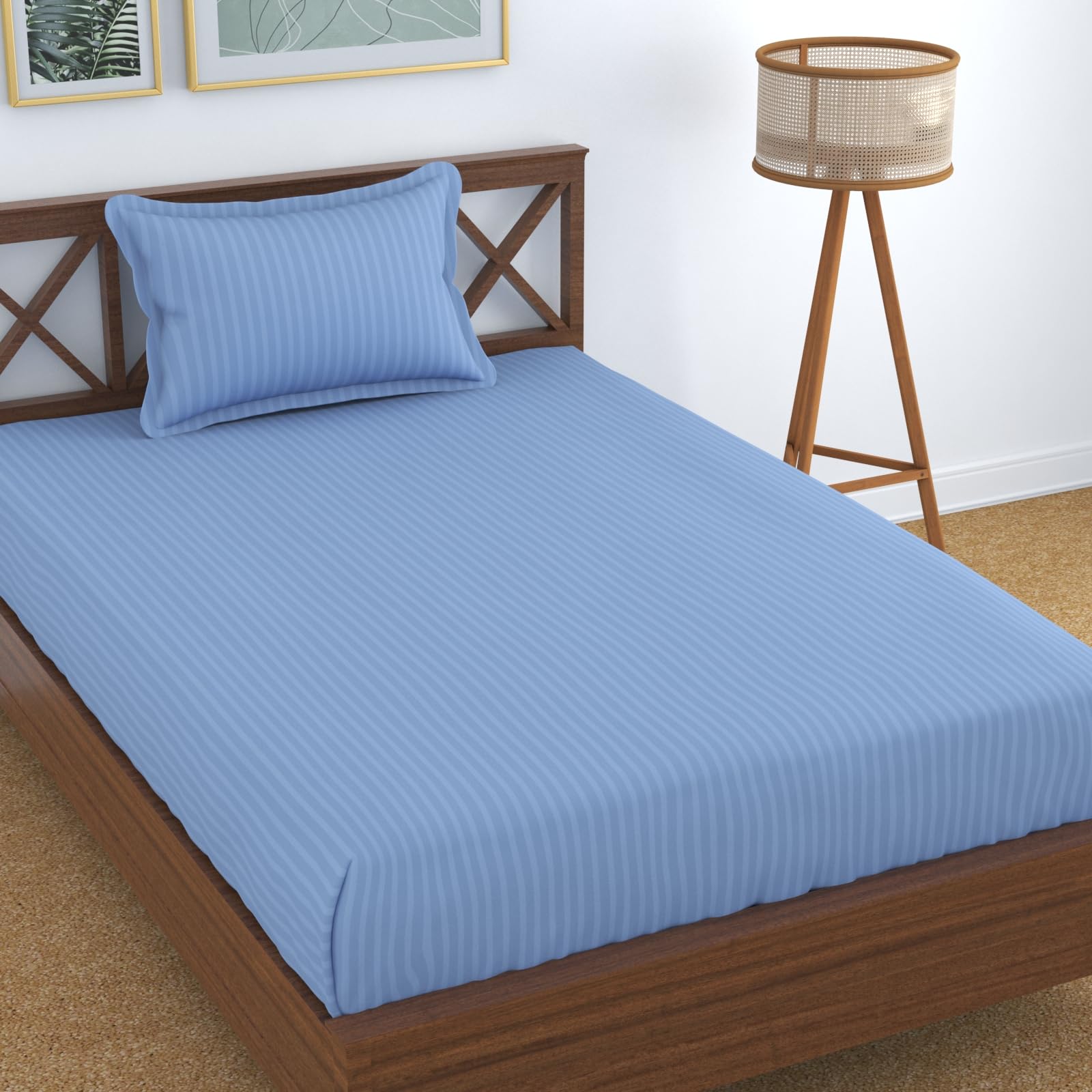 Homefab India 160 Tc Stripe Glace Cotton Single Bedsheet With 1 Pillow Cover - Sky Blue