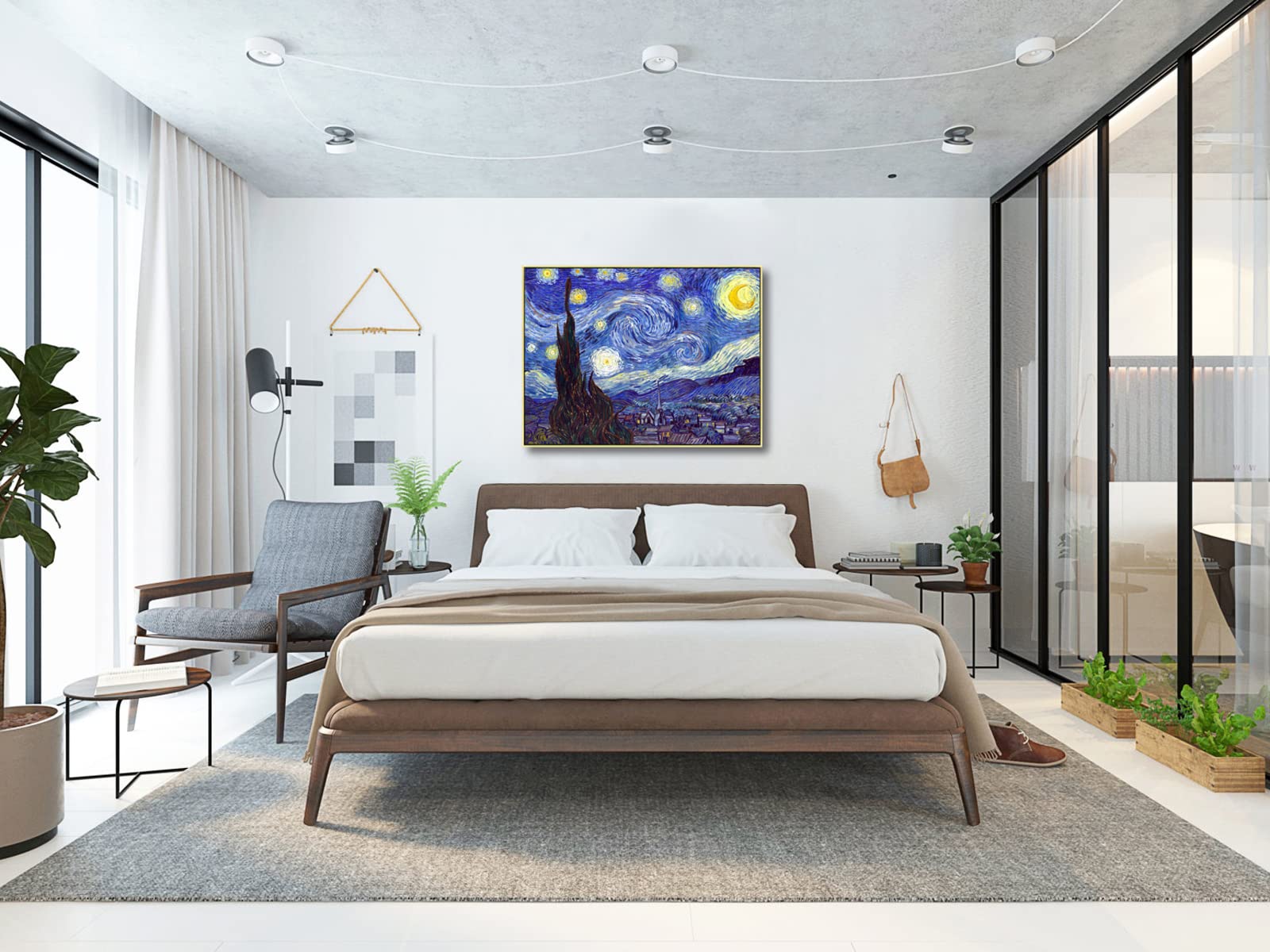 Wieco Art Large Framed Art Giclee Canvas Prints Of Starry Night By Vincent Van Gogh Paintings Reproduction Post-Impressionism Ar