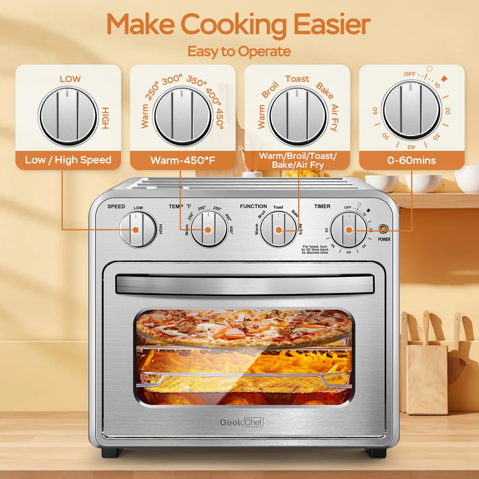 Geek Chef 16QT Convection Air Fryer Toaster Oven, Silver Stainless Steel, Oilless Cooker with Accessories & E-Recipes Included