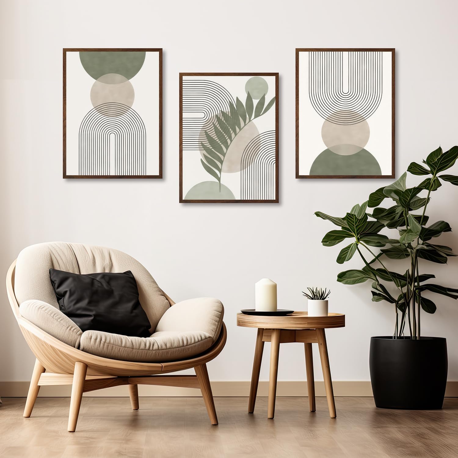 3 Pcs Sage Green Canvas Wall Art Boho Abstract Wall Decor Minimalist Geometric Artwork Modern Botanical Prints For Bedroom Livin