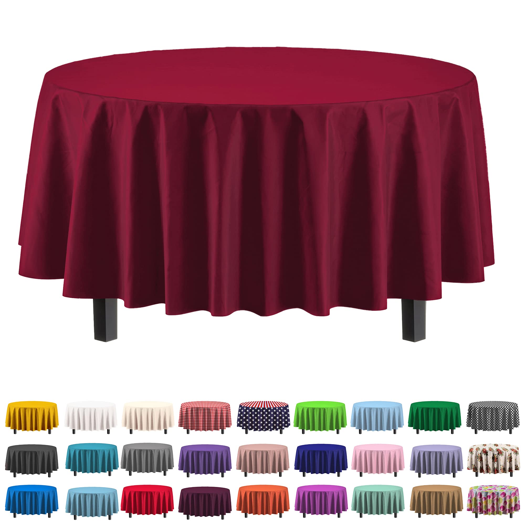 Exquisite 6-Pack Premium Plastic Tablecloth 84In. Round Plastic Table Cover - Burgundy