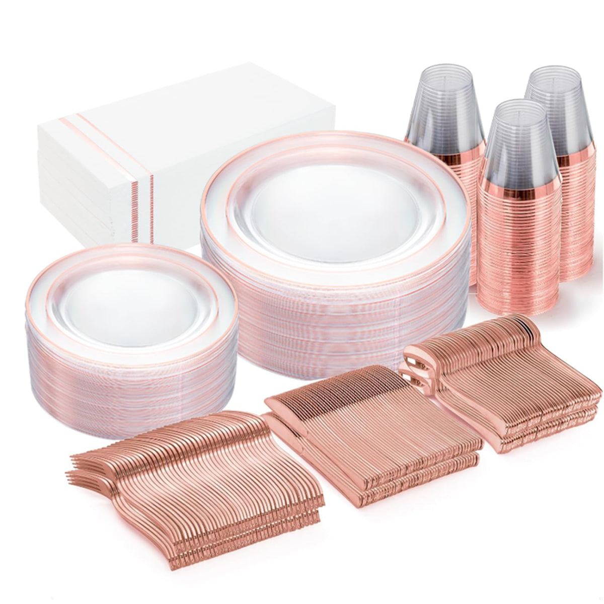 Gather 350Pcs Rose Gold Plastic Plates - Disposable Rose Gold Dinnerware Includes 100 Clear Rose Gold Rimmed Plastic Plates, 150