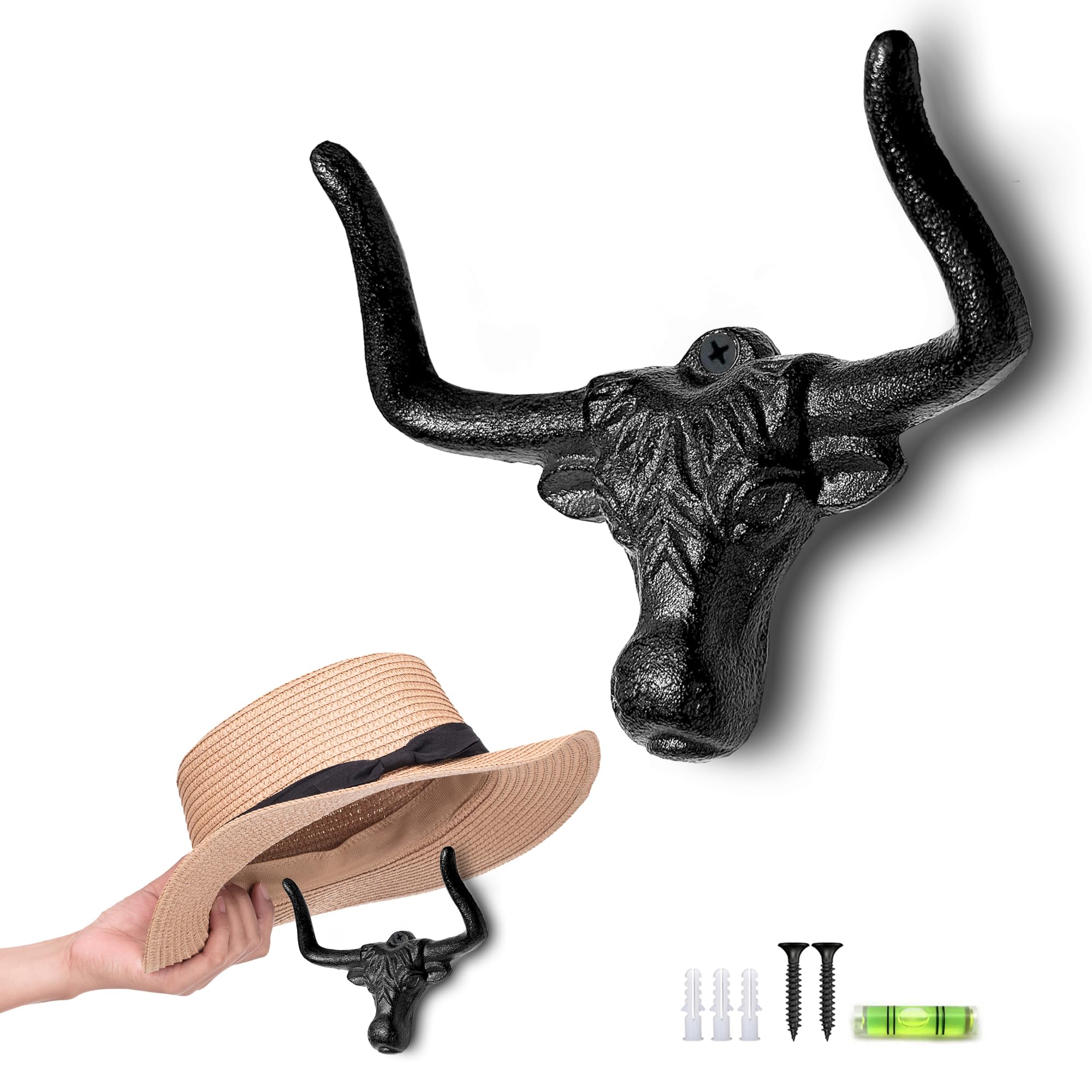 Zuhsan Cowboy Hat Hanger For Wall, Unique And Modern Metal Cowboy Hat Rack Cast Iron Cowgirl Hat Hanger Western Longhorn Hook Fo